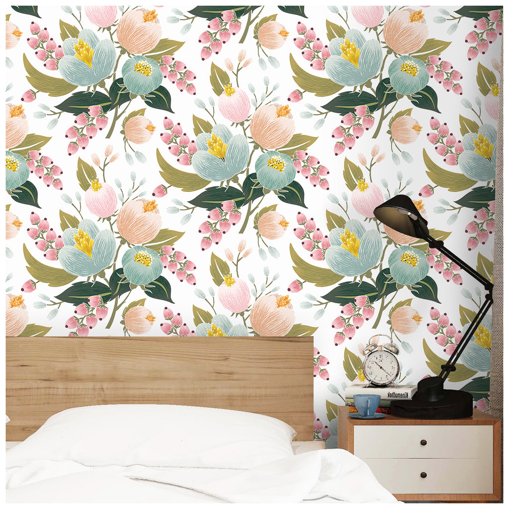 Floralplus Peel and Stick Wallpaper Pastel Floral Pink Mint Green Boho Removable Wall Mural for Bedroom Living Room Home Decor