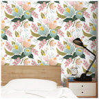 Floralplus Peel and Stick Wallpaper Pastel Floral Pink Mint Green Boho Removable Wall Mural for Bedroom Living Room Home Decor