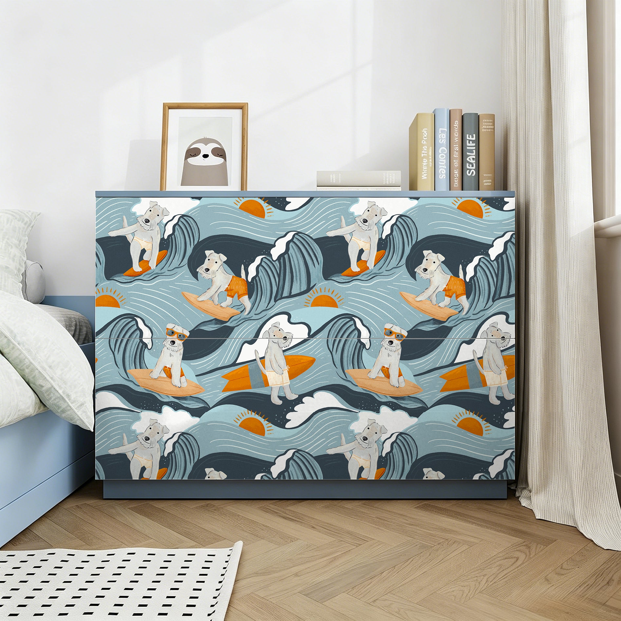 Floralplus Surf Dog Wallpaper Peel and Stick Blue Ocean Waves Puppy Surfboard Kids Room Bathroom Nursery Removable Self Adhesive Beach Wall Mural