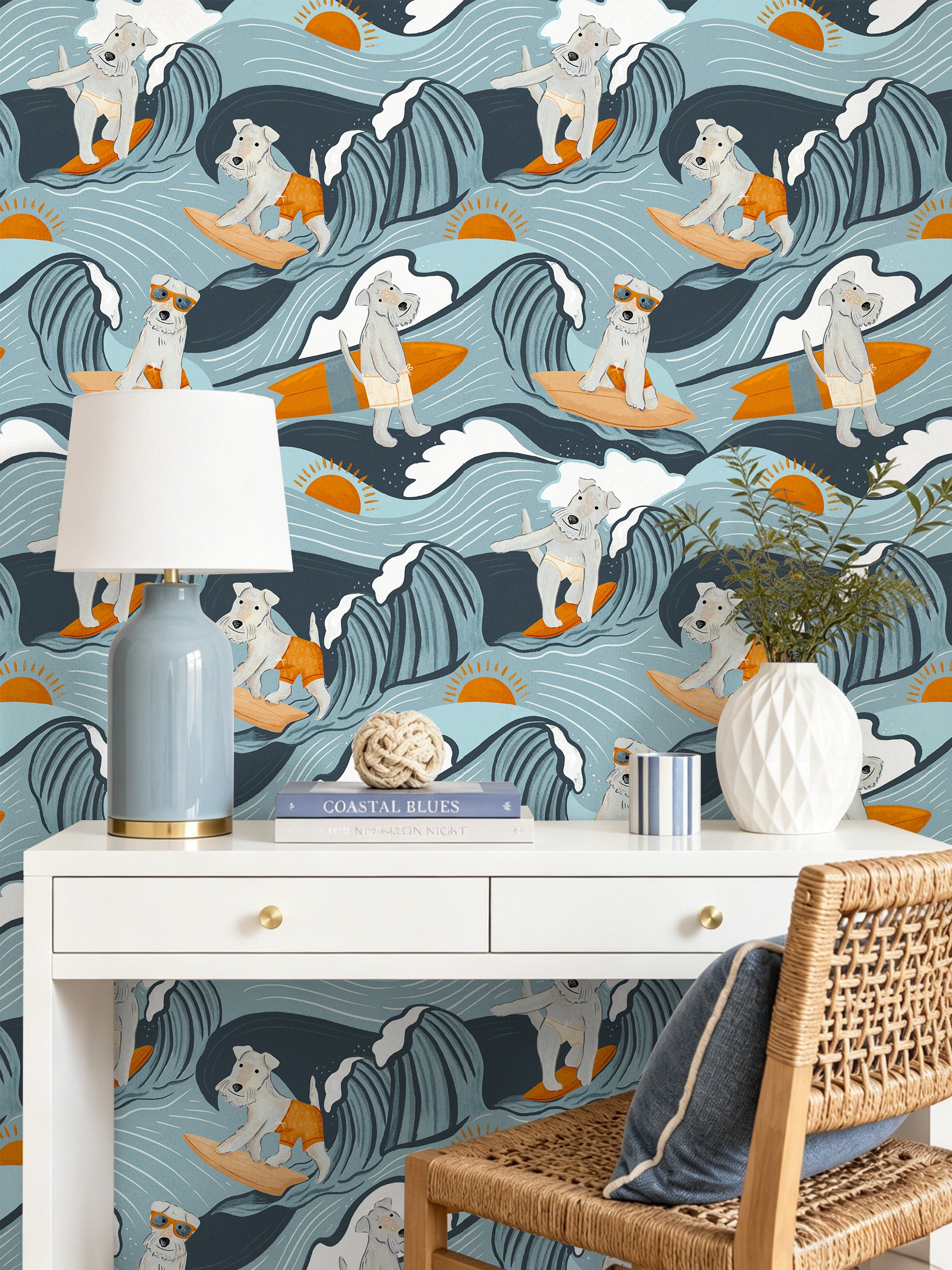 Floralplus Surf Dog Wallpaper Peel and Stick Blue Ocean Waves Puppy Surfboard Kids Room Bathroom Nursery Removable Self Adhesive Beach Wall Mural
