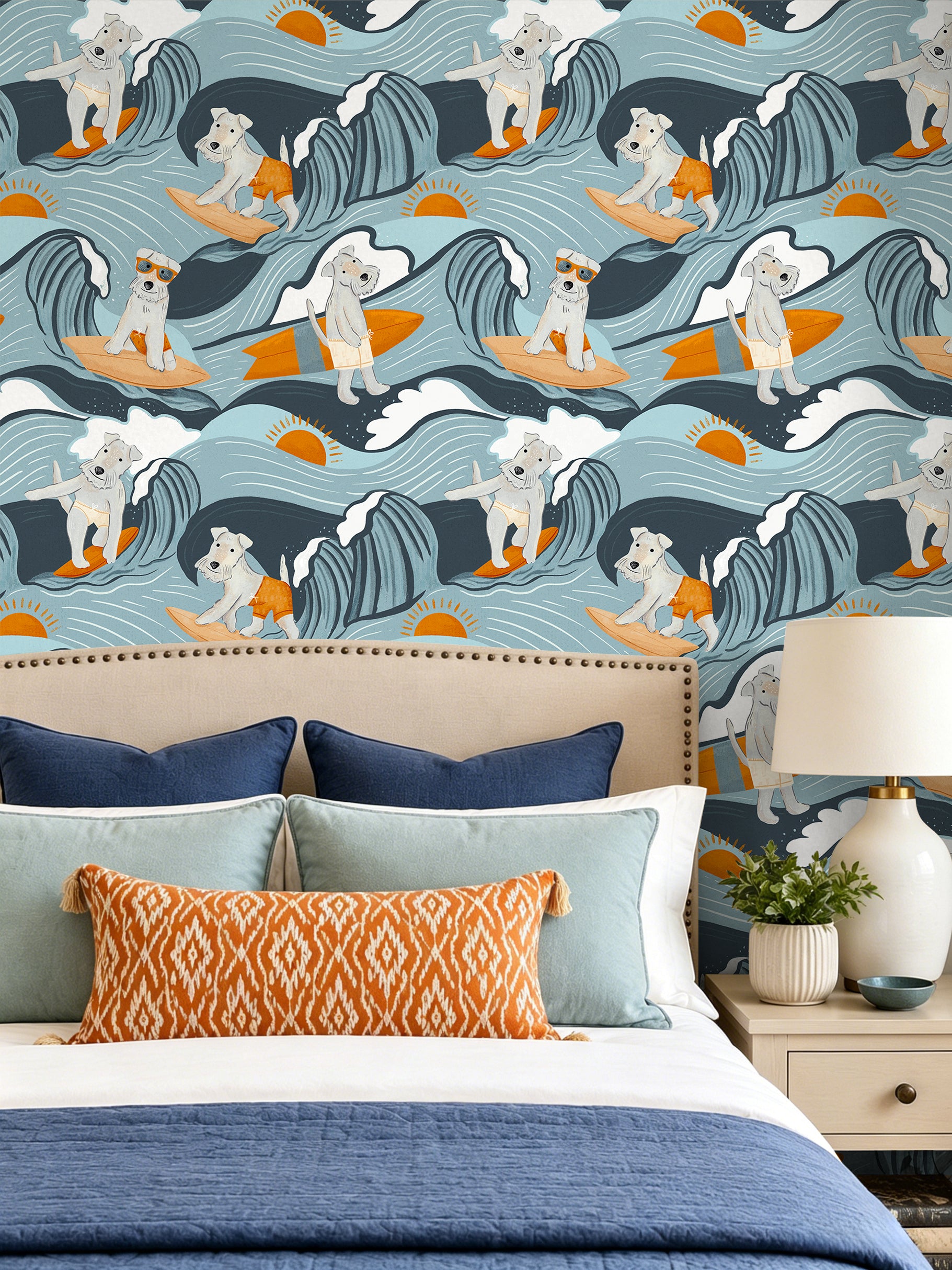 Floralplus Surf Dog Wallpaper Peel and Stick Blue Ocean Waves Puppy Surfboard Kids Room Bathroom Nursery Removable Self Adhesive Beach Wall Mural