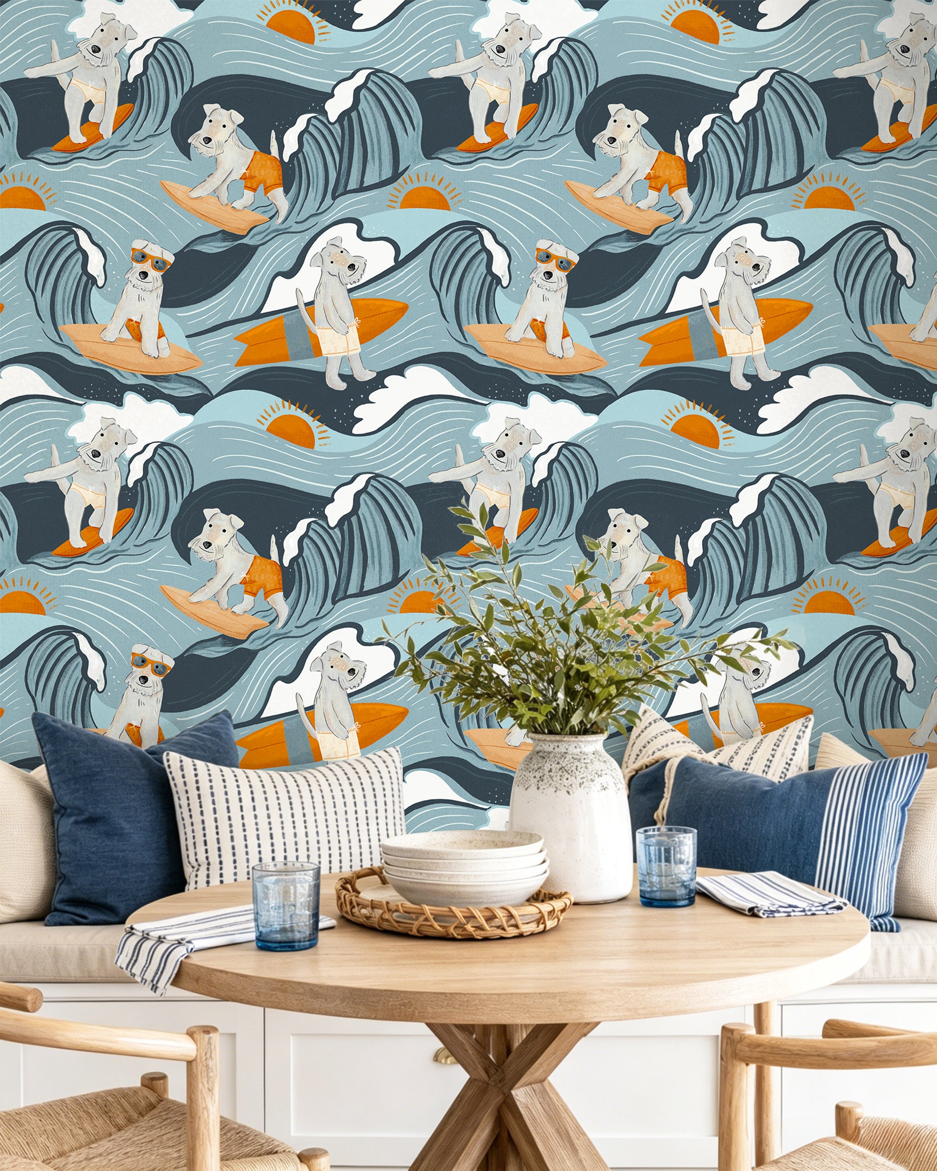 Floralplus Surf Dog Wallpaper Peel and Stick Blue Ocean Waves Puppy Surfboard Kids Room Bathroom Nursery Removable Self Adhesive Beach Wall Mural
