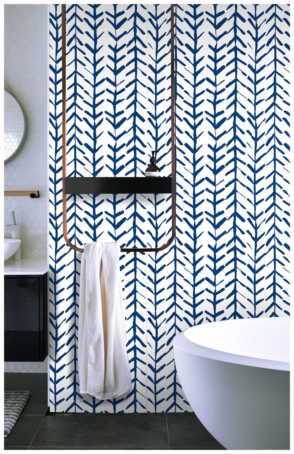 Floralplus Boho Blue Chevron Leaf Peel and Stick Wallpaper Bohemian Removable Wall Decor for Living Room Bedroom