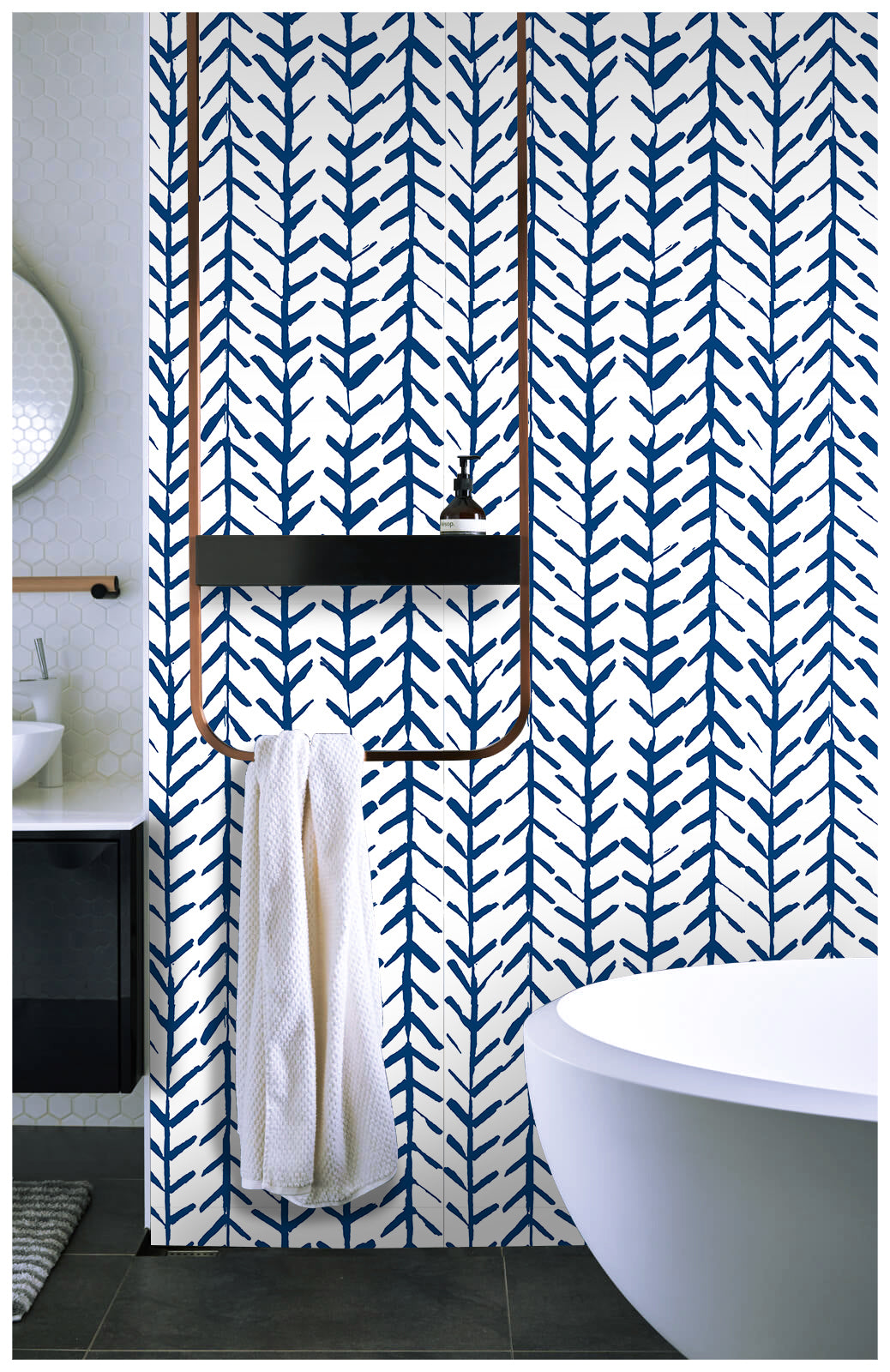 Floralplus Boho Blue Chevron Leaf Peel and Stick Wallpaper Bohemian Removable Wall Decor for Living Room Bedroom