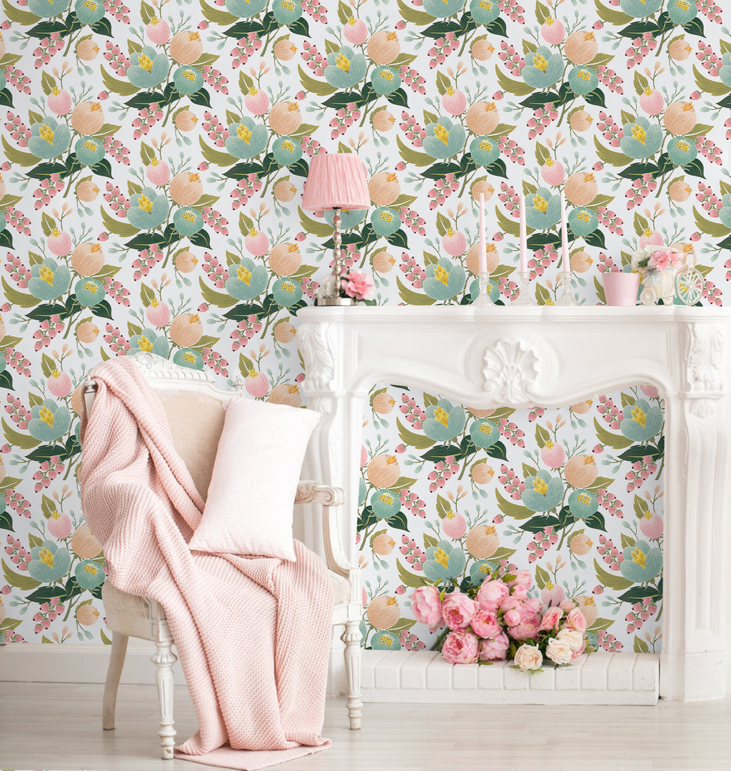 Floralplus Peel and Stick Wallpaper Pastel Floral Pink Mint Green Boho Removable Wall Mural for Bedroom Living Room Home Decor