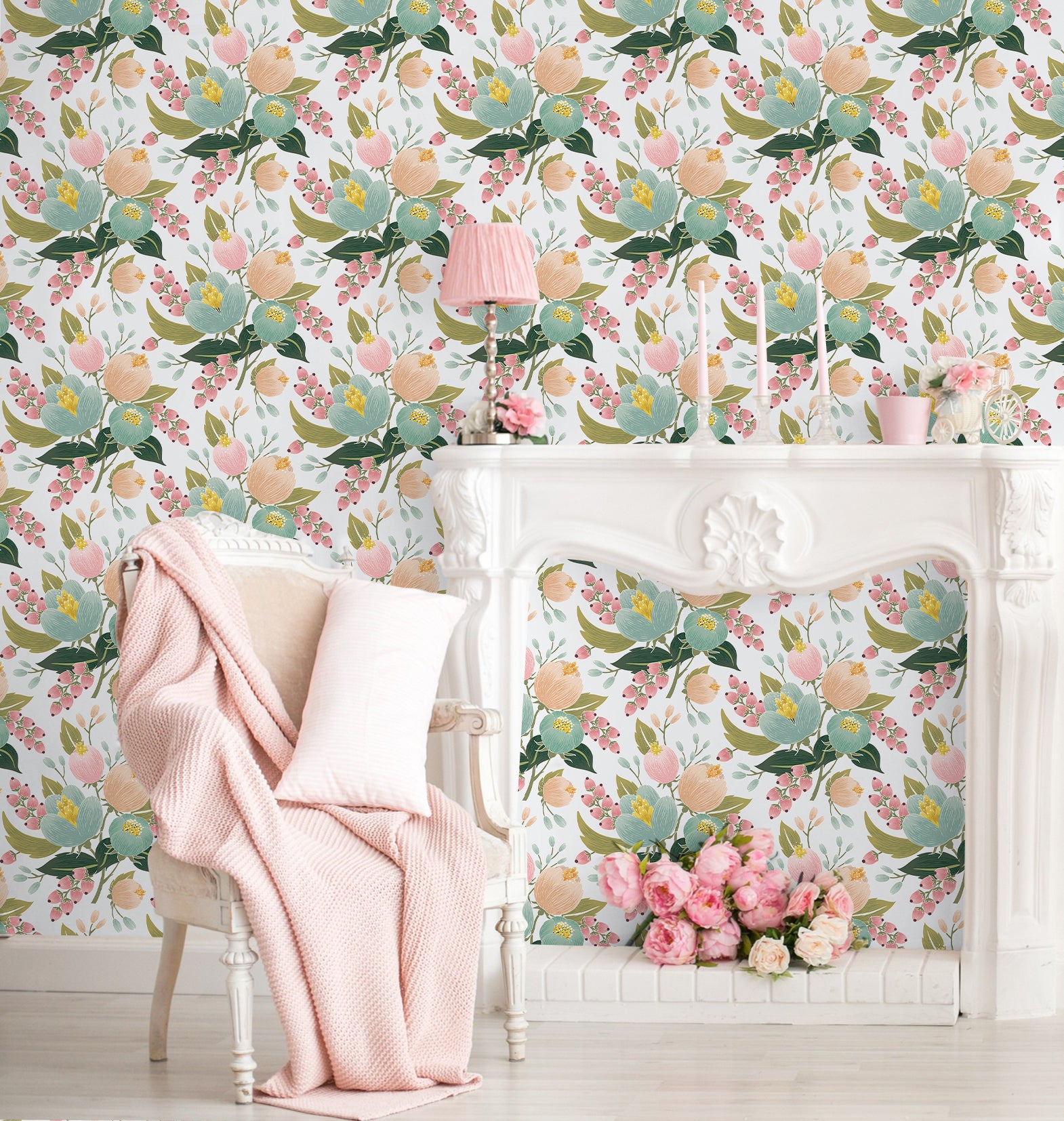 Floralplus Peel and Stick Wallpaper Pastel Floral Pink Mint Green Boho Removable Wall Mural for Bedroom Living Room Home Decor