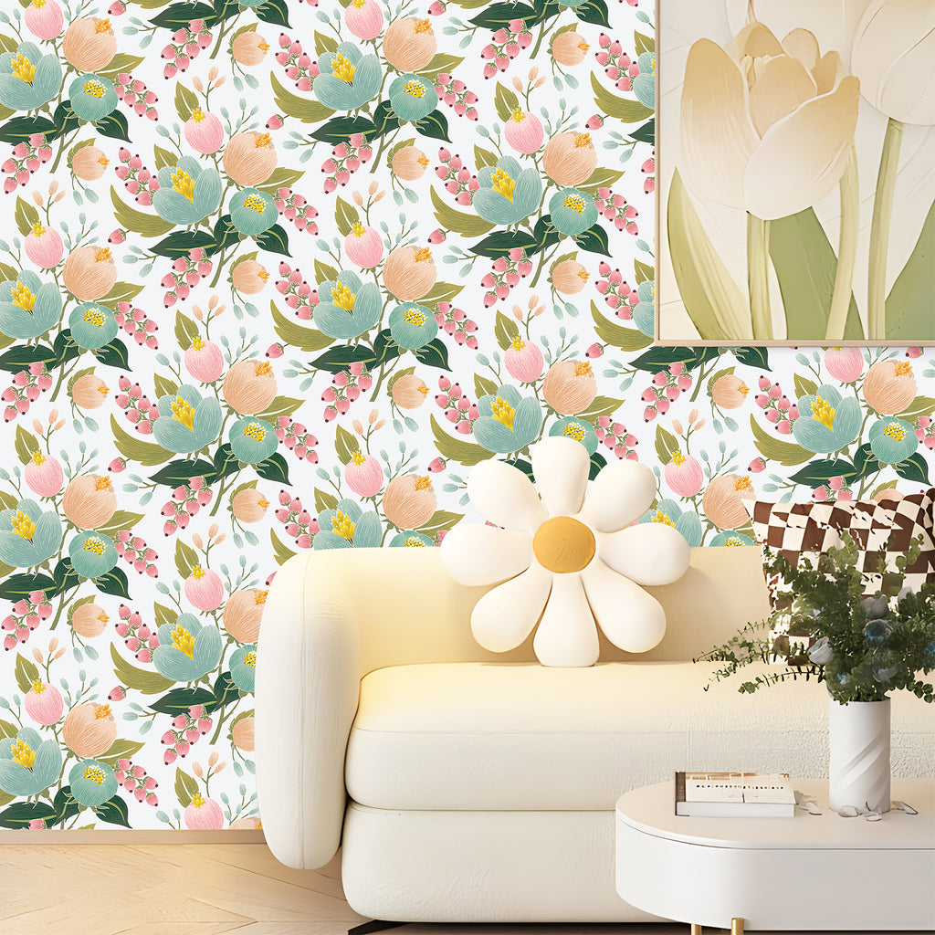 Floralplus Peel and Stick Wallpaper Pastel Floral Pink Mint Green Boho Removable Wall Mural for Bedroom Living Room Home Decor