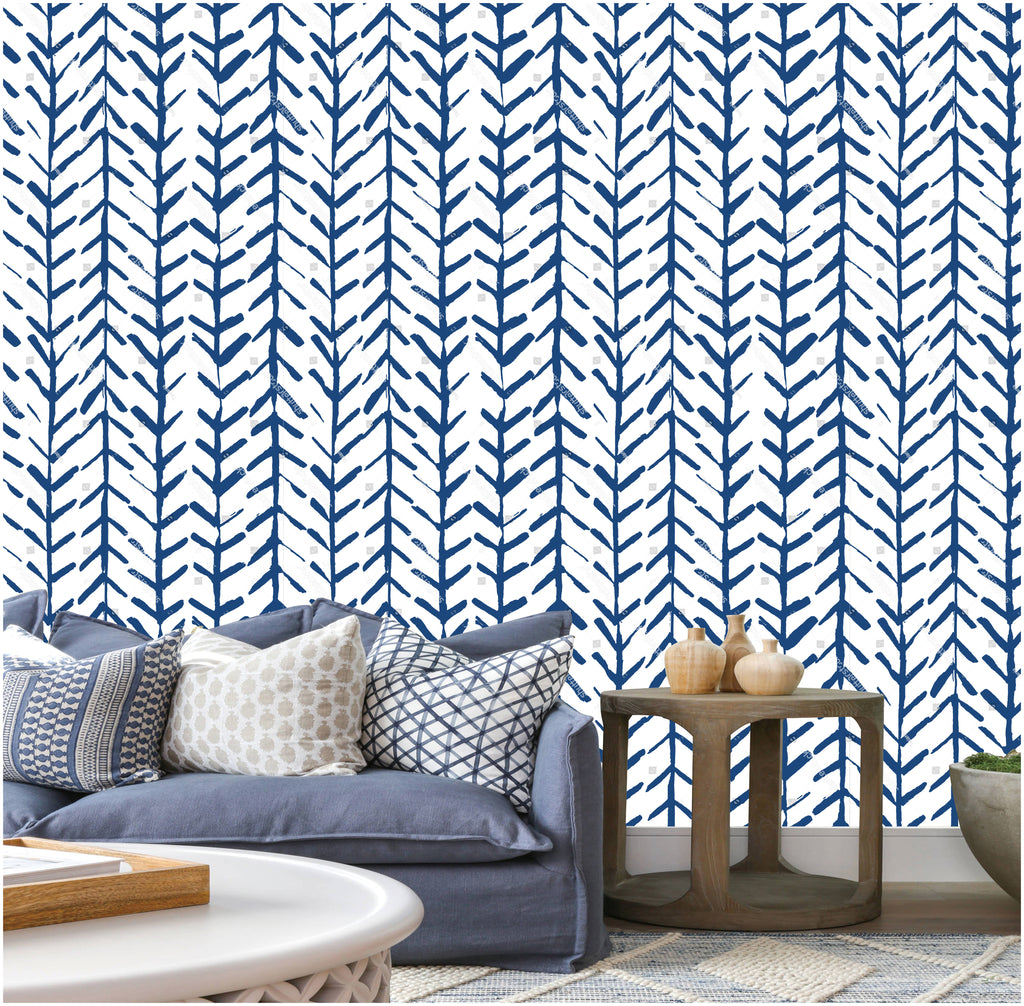 Floralplus Boho Blue Chevron Leaf Peel and Stick Wallpaper Bohemian Removable Wall Decor for Living Room Bedroom