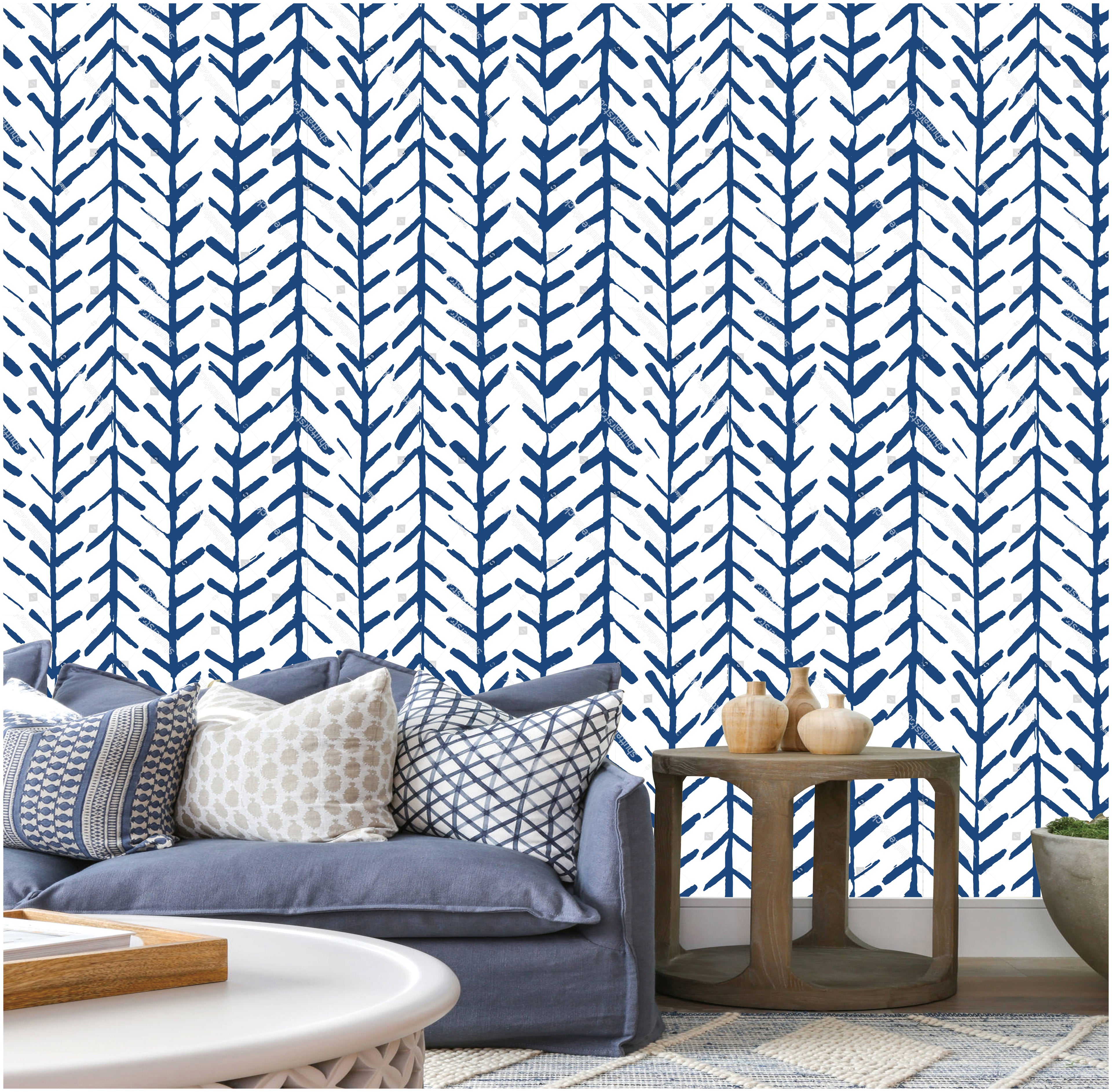 Floralplus Boho Blue Chevron Leaf Peel and Stick Wallpaper Bohemian Removable Wall Decor for Living Room Bedroom