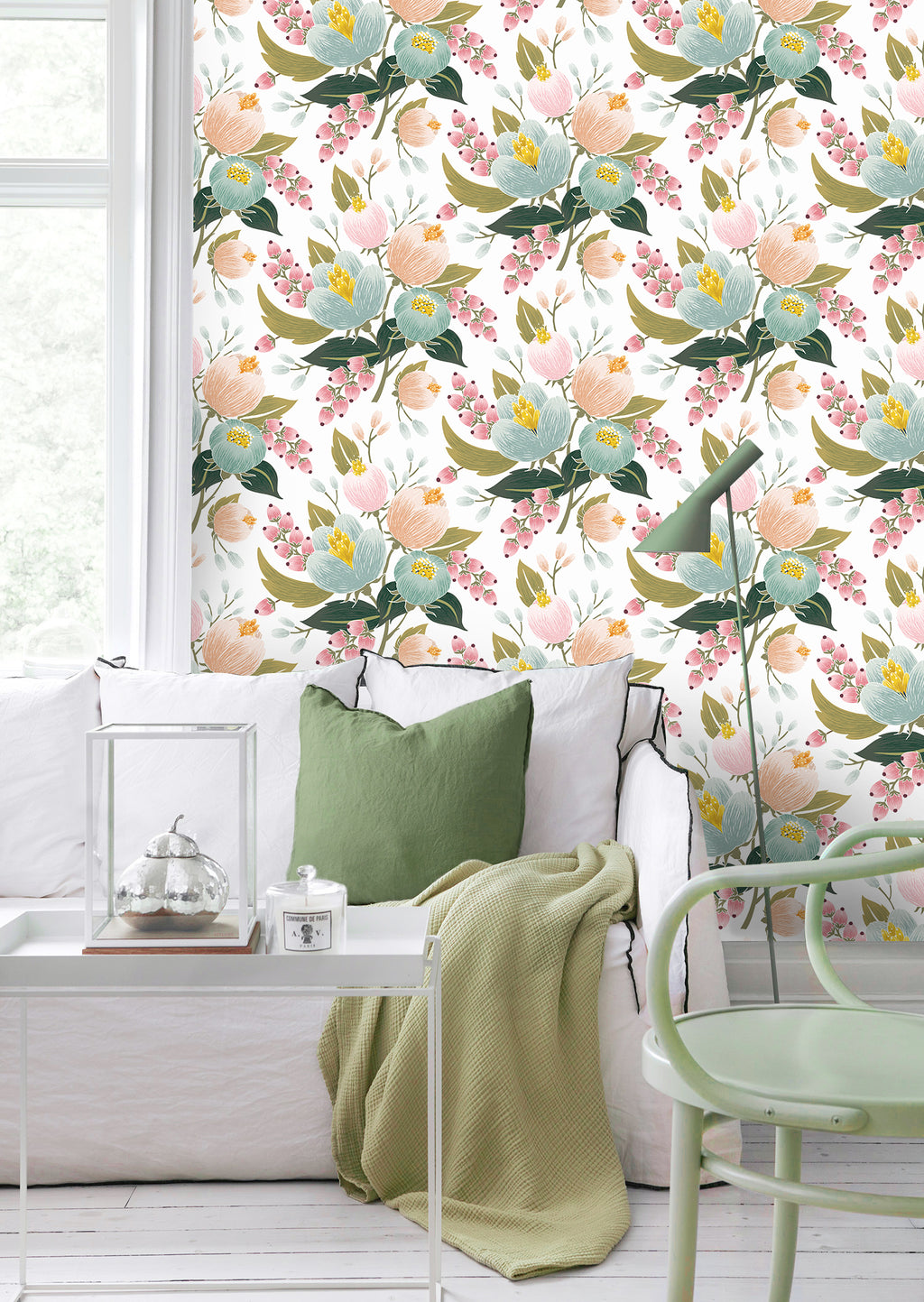 Floralplus Peel and Stick Wallpaper Pastel Floral Pink Mint Green Boho Removable Wall Mural for Bedroom Living Room Home Decor