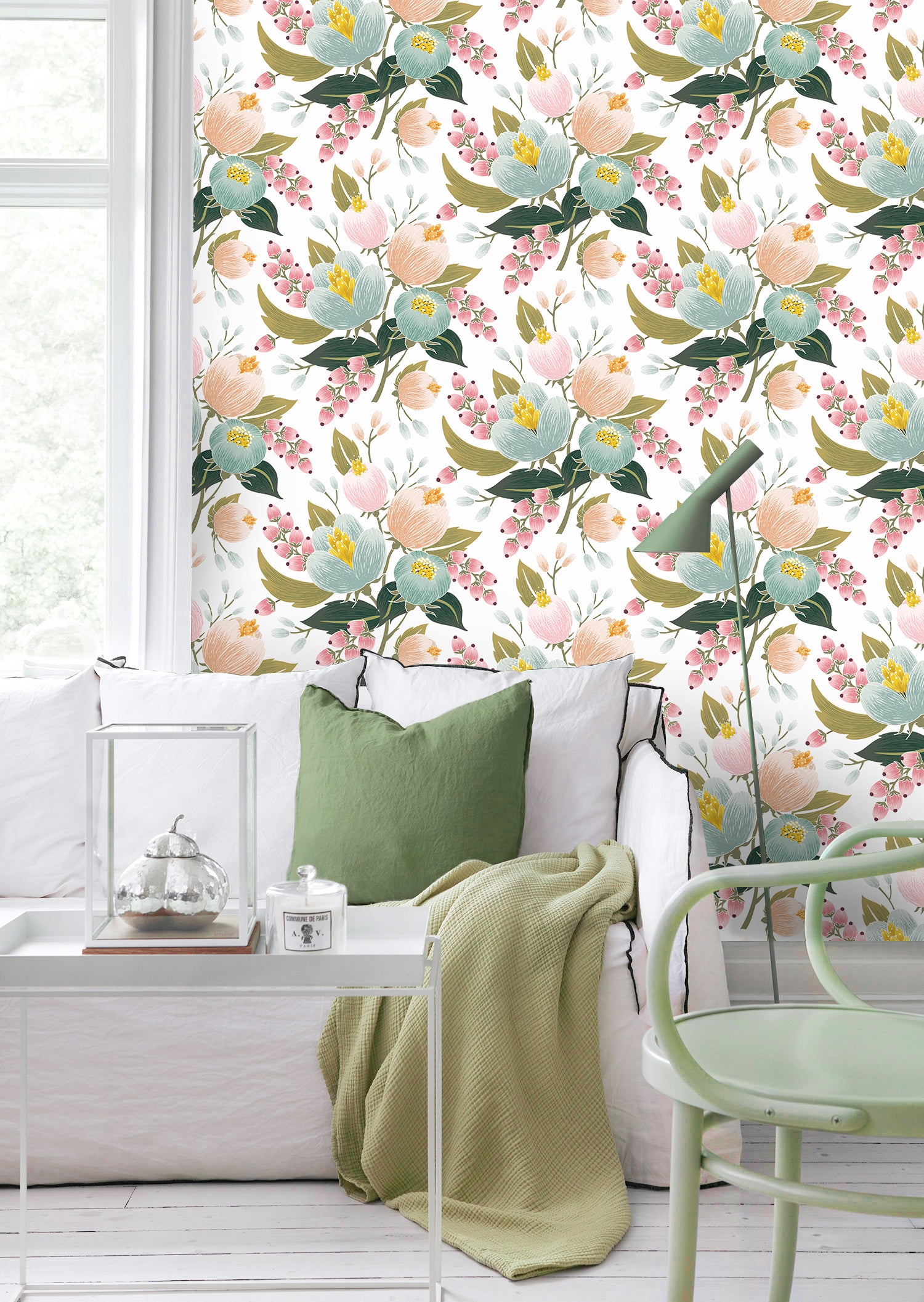 Floralplus Peel and Stick Wallpaper Pastel Floral Pink Mint Green Boho Removable Wall Mural for Bedroom Living Room Home Decor