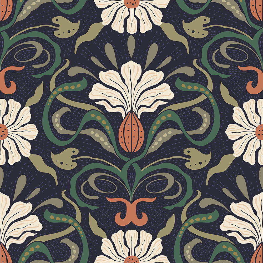 Floralplus  Floral Peel and Stick Wallpaper Art Nouveau Navy Botanical Retro Boho Wall Decor Living Room Bedroom Removable Mural