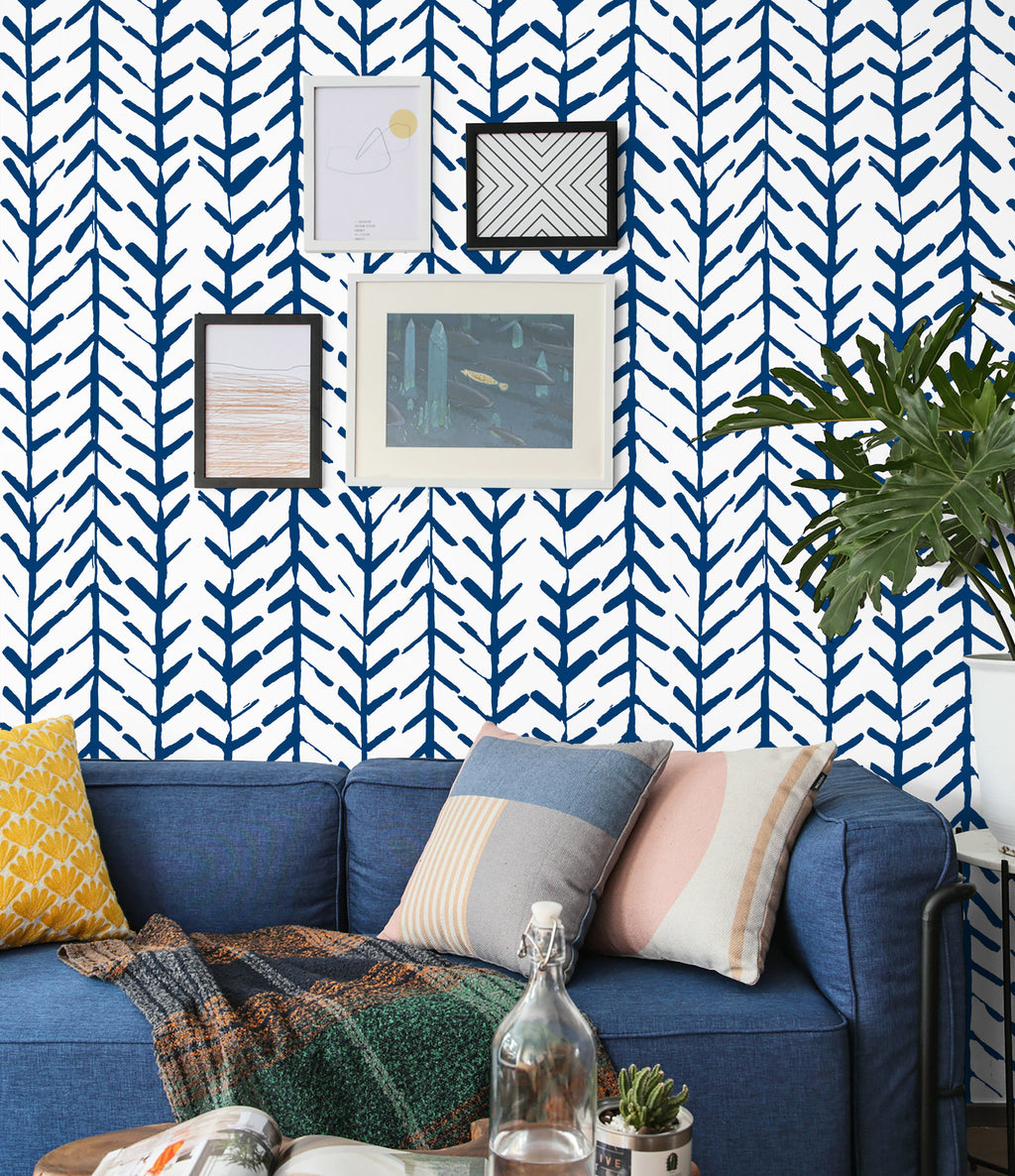 Floralplus Boho Blue Chevron Leaf Peel and Stick Wallpaper Bohemian Removable Wall Decor for Living Room Bedroom
