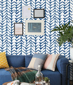 Floralplus Boho Blue Chevron Leaf Peel and Stick Wallpaper Bohemian Removable Wall Decor for Living Room Bedroom