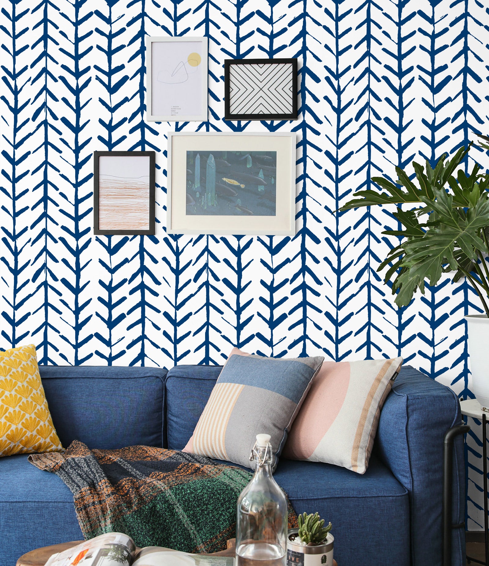 Floralplus Boho Blue Chevron Leaf Peel and Stick Wallpaper Bohemian Removable Wall Decor for Living Room Bedroom
