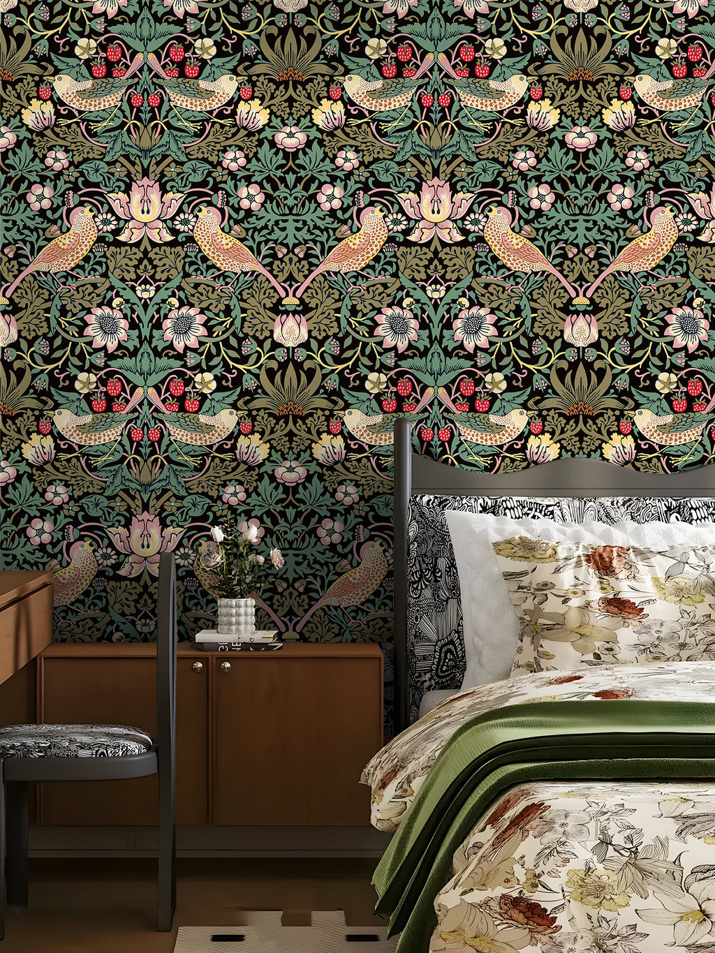 Floralplus Peel and Stick Wallpaper Vintage Bird Strawberry Botanical Boho Floral Removable Self Adhesive Wall Decor for Bedroom Living Room Bathroom Nursery