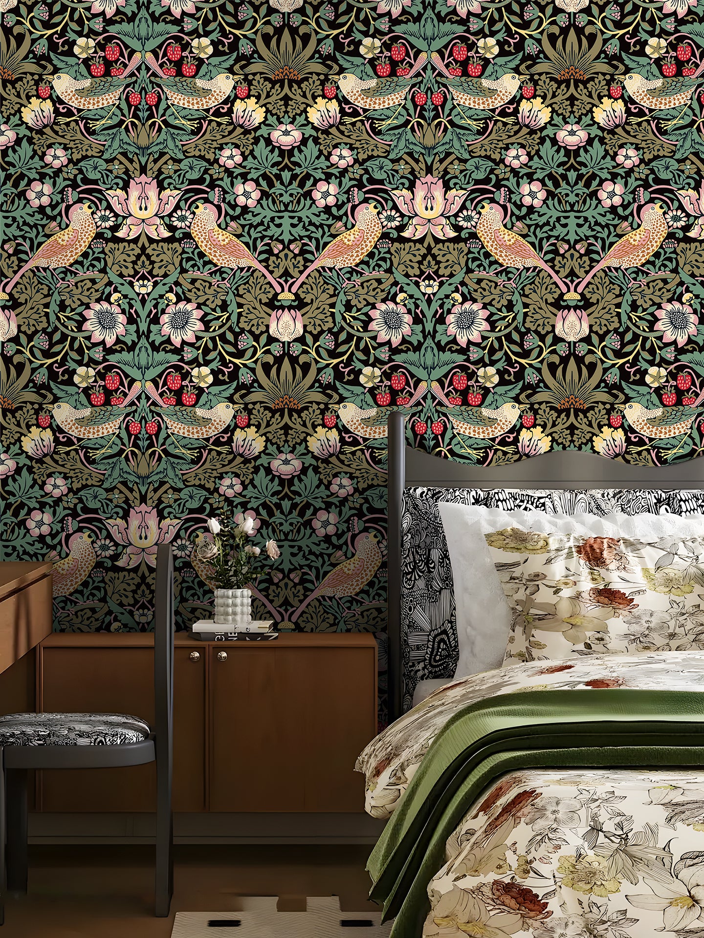 Floralplus Peel and Stick Wallpaper Vintage Bird Strawberry Botanical Boho Floral Removable Self Adhesive Wall Decor for Bedroom Living Room Bathroom Nursery