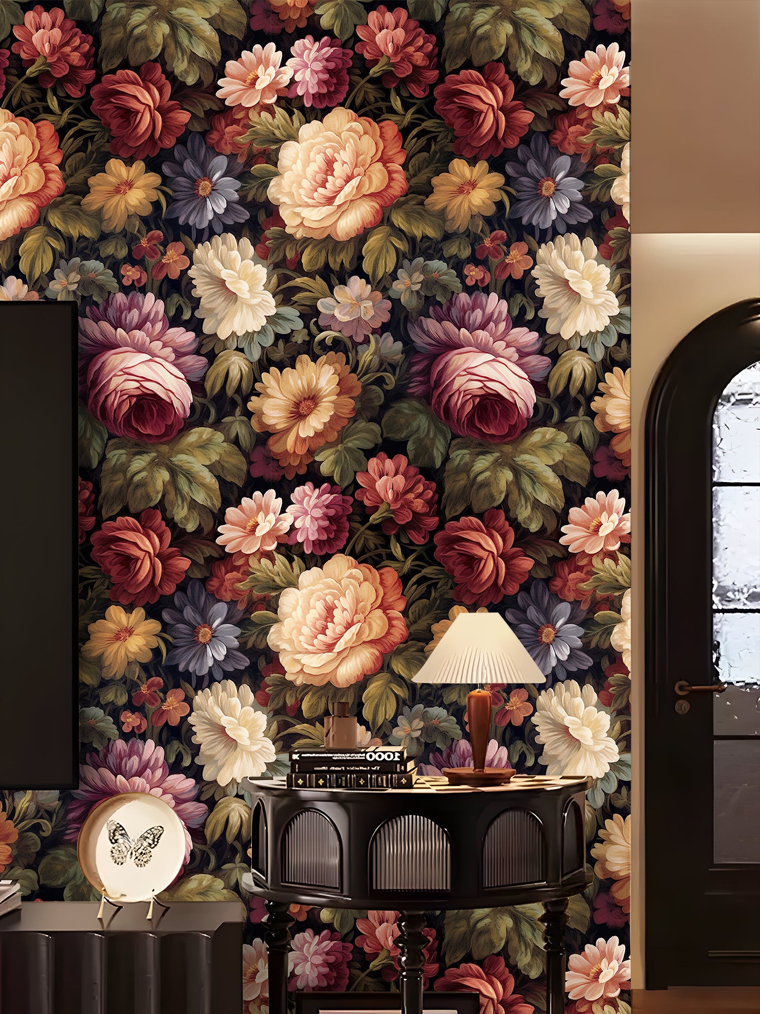 Floralplus Peel and Stick Vintage Wallpaper Floral Peony Wall Paper Pink/Green/Saffron Removable Renter Friendly Contact Paper for Home Decor