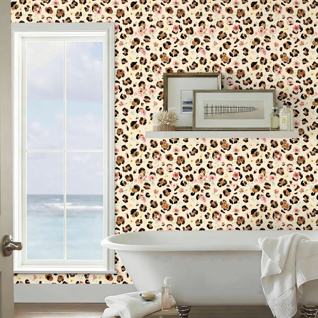 Floralplus Wallpaper Peel and Stick Watercolor Leopard Floral Beige Wall Decor Boho Blush Pink Flower Removable Self Adhesive Wall Mural for Nursery Bedroom