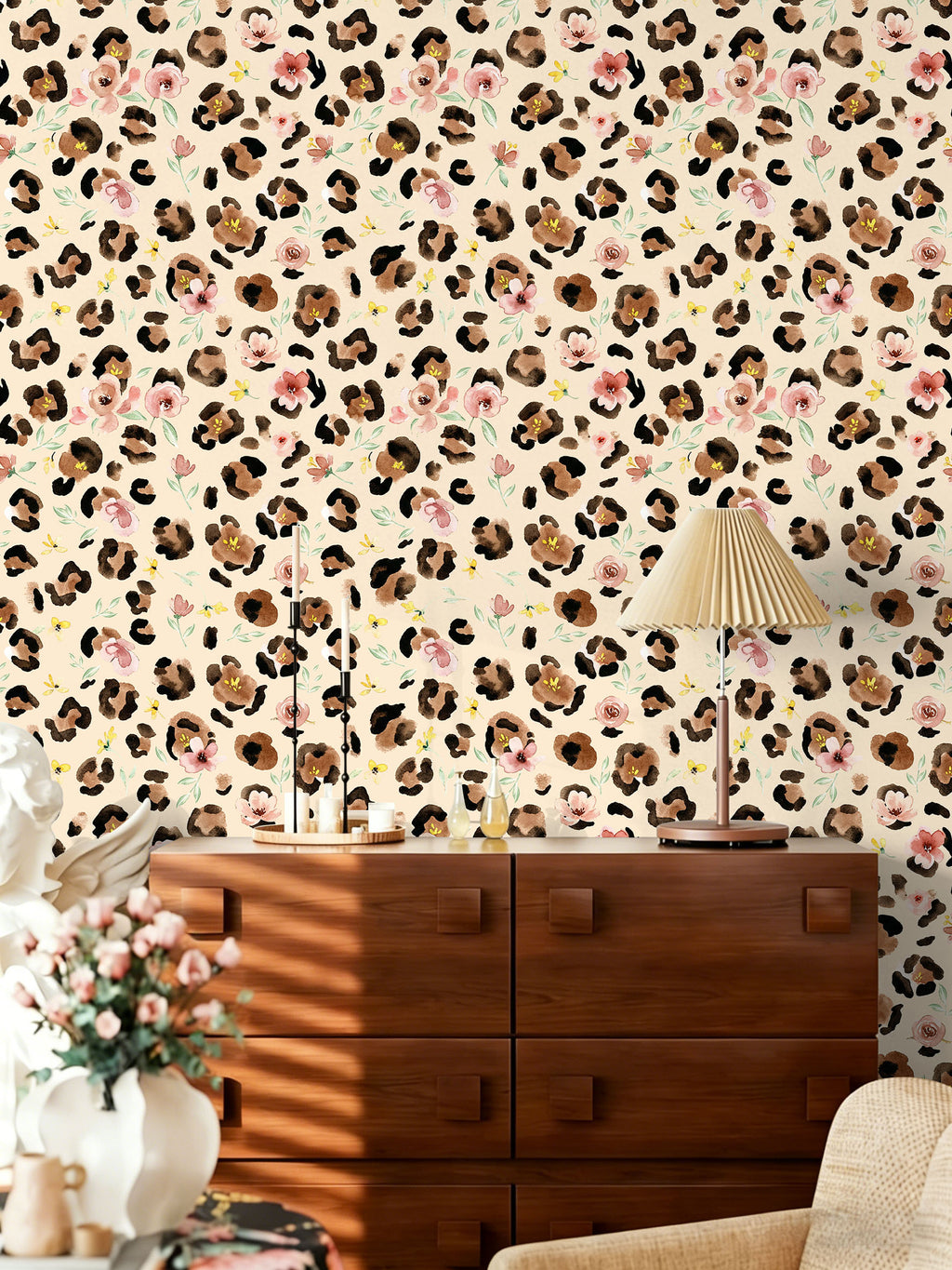 Floralplus Wallpaper Peel and Stick Watercolor Leopard Floral Beige Wall Decor Boho Blush Pink Flower Removable Self Adhesive Wall Mural for Nursery Bedroom