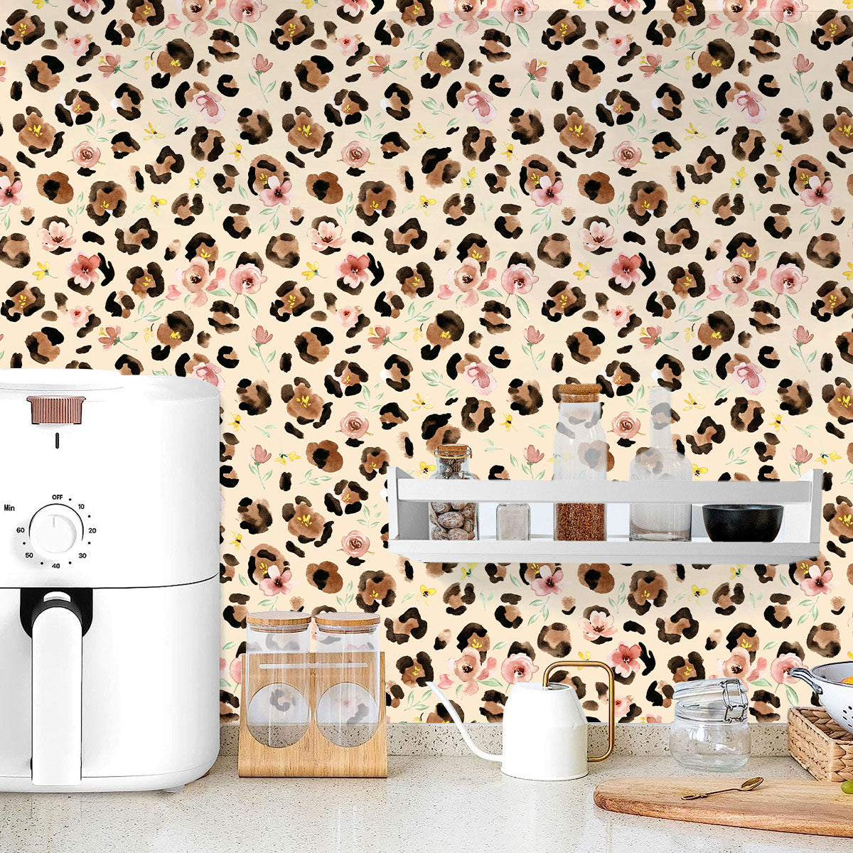 Floralplus Wallpaper Peel and Stick Watercolor Leopard Floral Beige Wall Decor Boho Blush Pink Flower Removable Self Adhesive Wall Mural for Nursery Bedroom