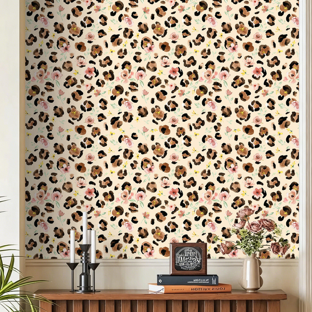 Floralplus Wallpaper Peel and Stick Watercolor Leopard Floral Beige Wall Decor Boho Blush Pink Flower Removable Self Adhesive Wall Mural for Nursery Bedroom