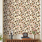 Floralplus Wallpaper Peel and Stick Watercolor Leopard Floral Beige Wall Decor Boho Blush Pink Flower Removable Self Adhesive Wall Mural for Nursery Bedroom