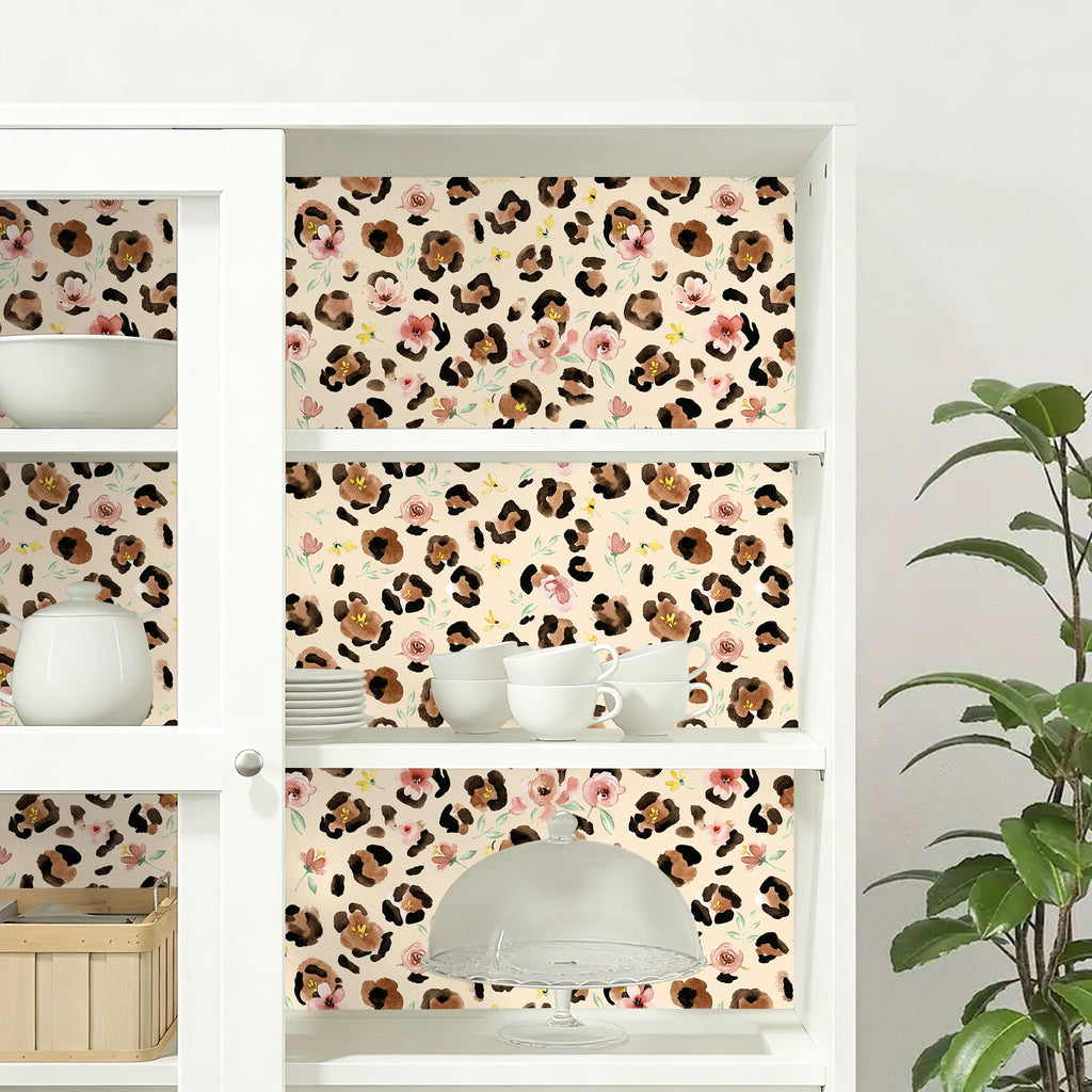 Floralplus Wallpaper Peel and Stick Watercolor Leopard Floral Beige Wall Decor Boho Blush Pink Flower Removable Self Adhesive Wall Mural for Nursery Bedroom