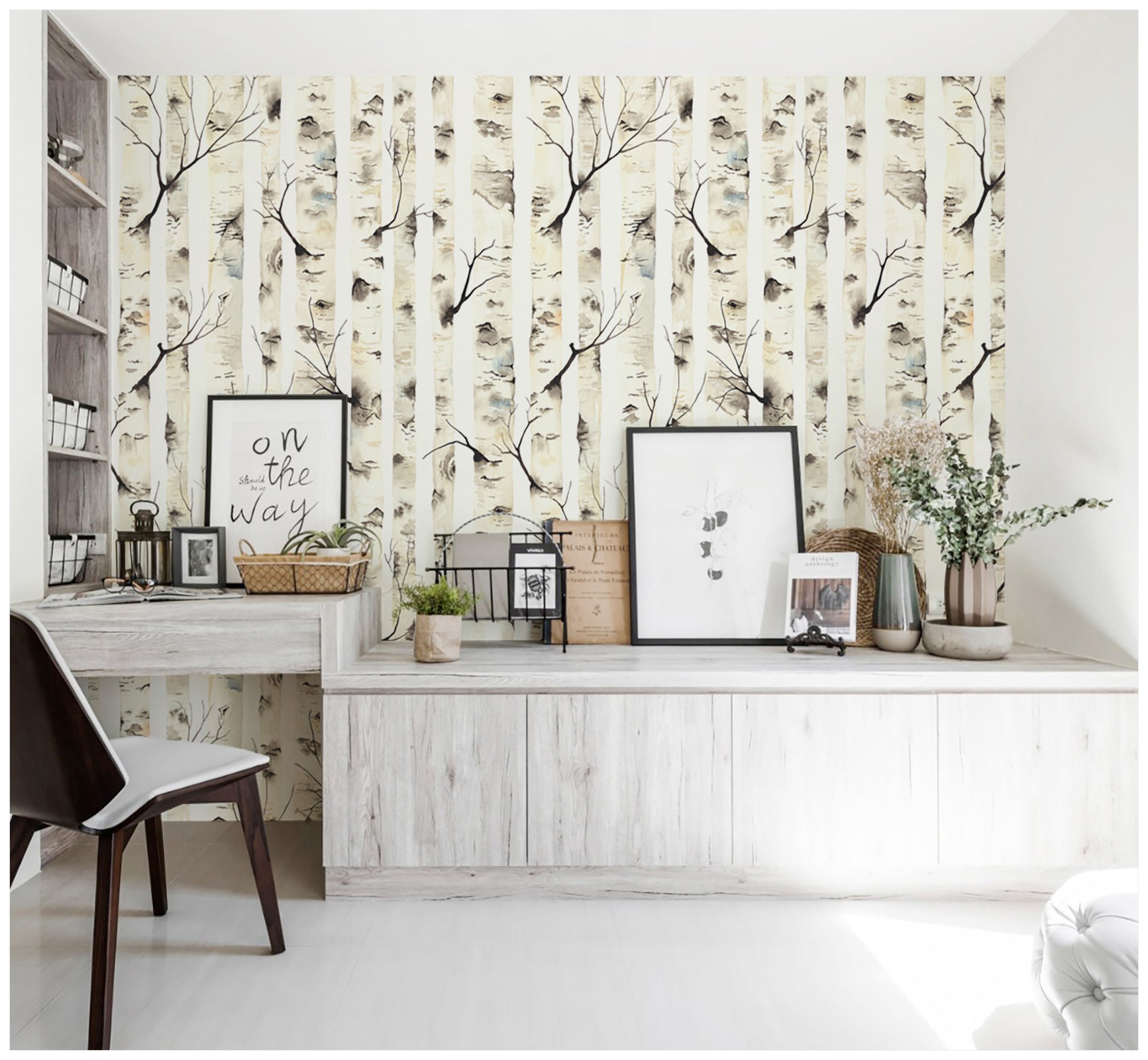 Floralplus Birch Tree Wallpaper Peel and Stick Watercolor Neutral Beige Forest Removable Wall Mural Self Adhesive Wood Look Wall Covering for Bedroom Living Room Nursery Bathroom