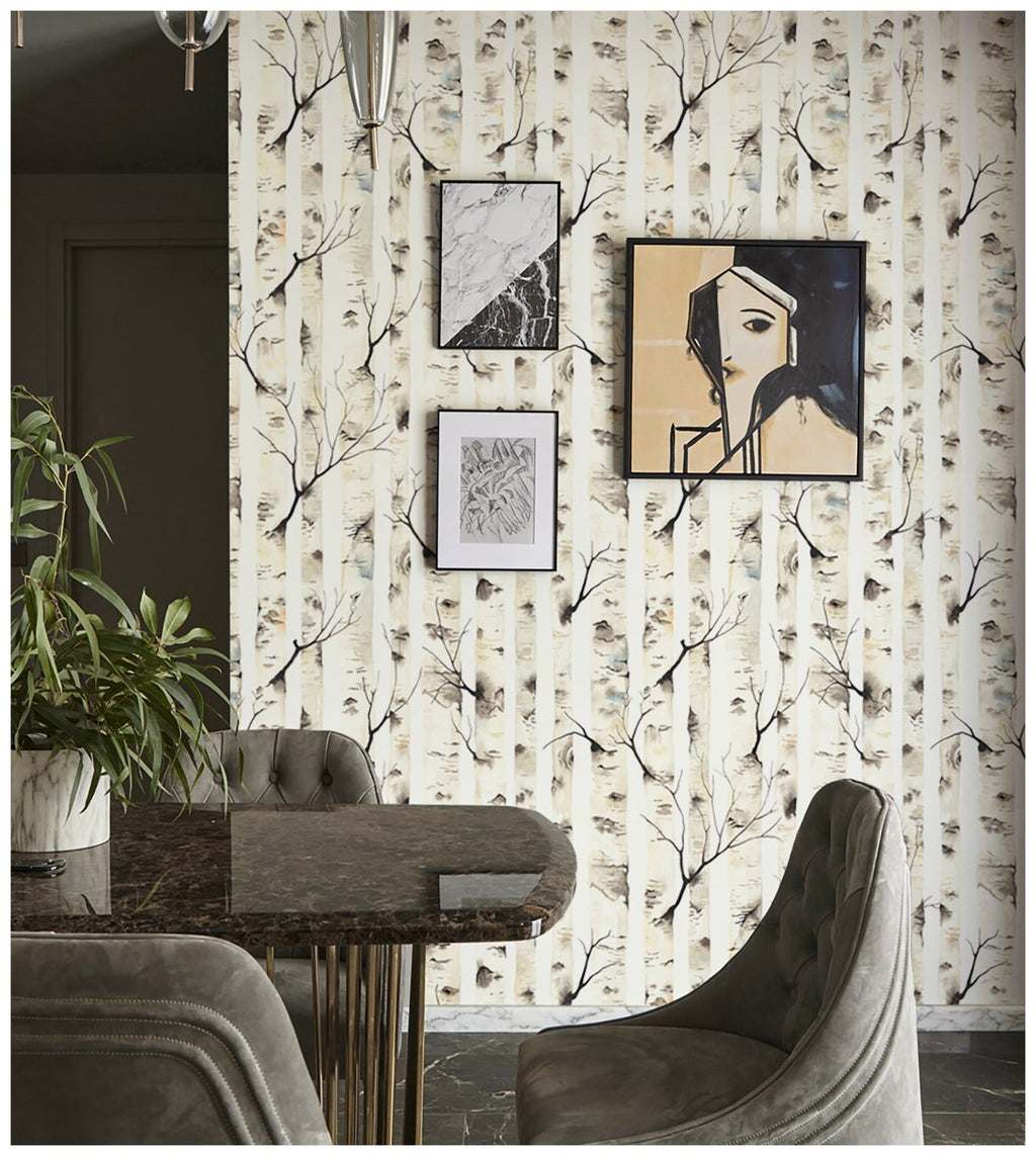 Floralplus Birch Tree Wallpaper Peel and Stick Watercolor Neutral Beige Forest Removable Wall Mural Self Adhesive Wood Look Wall Covering for Bedroom Living Room Nursery Bathroom