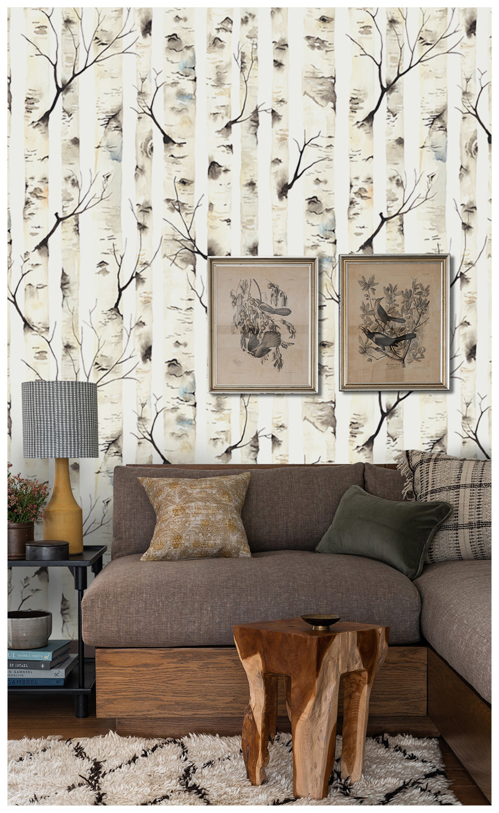 Floralplus Birch Tree Wallpaper Peel and Stick Watercolor Neutral Beige Forest Removable Wall Mural Self Adhesive Wood Look Wall Covering for Bedroom Living Room Nursery Bathroom