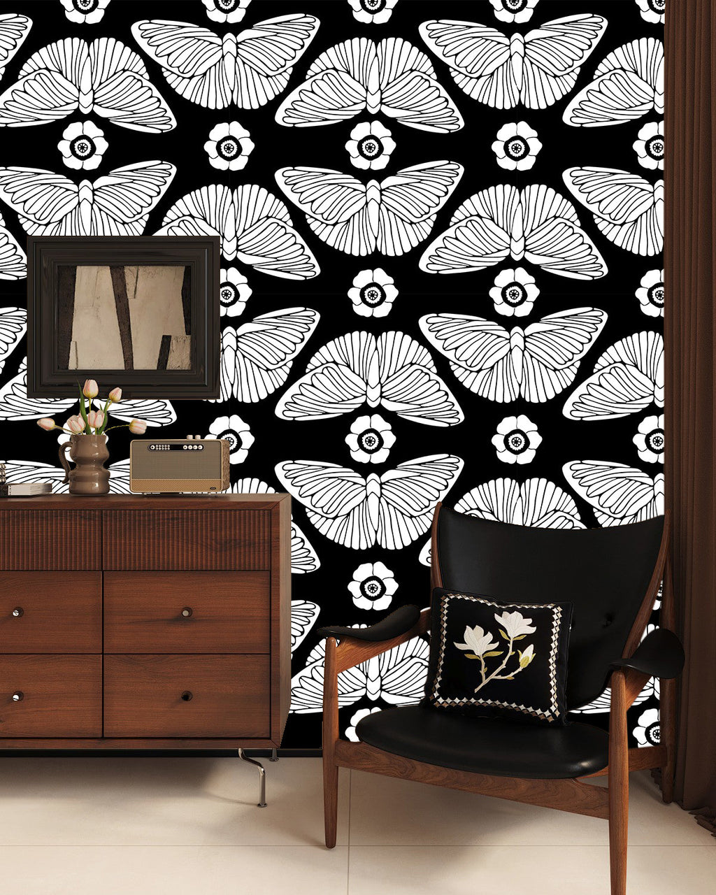 Floralplus Black and White Butterfly Bloom Removable Wallpaper