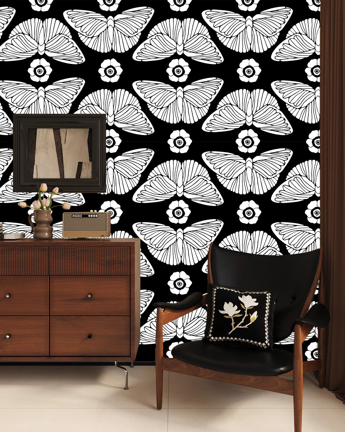 Floralplus Black and White Butterfly Bloom Removable Wallpaper