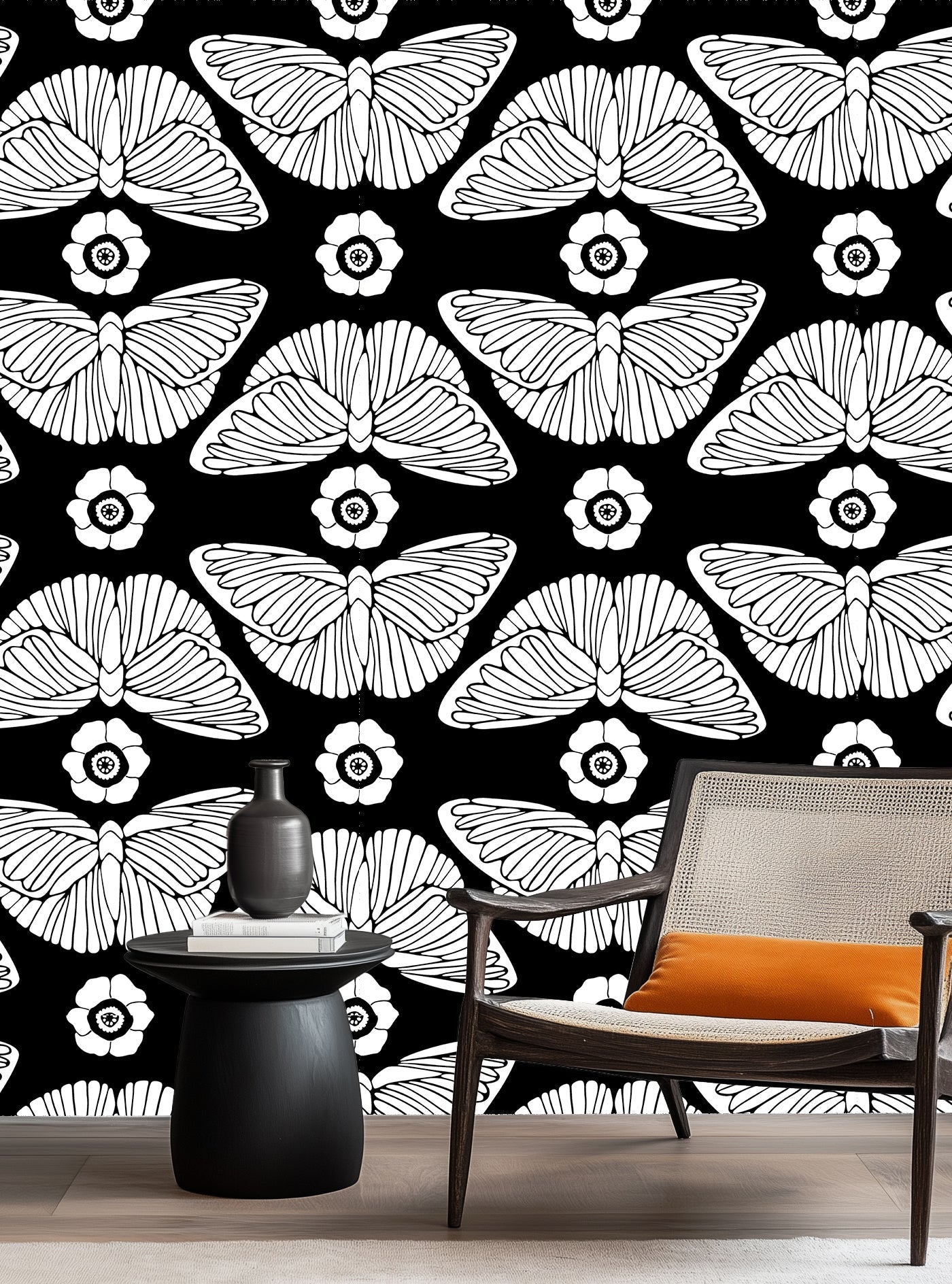 Floralplus Black and White Butterfly Bloom Removable Wallpaper