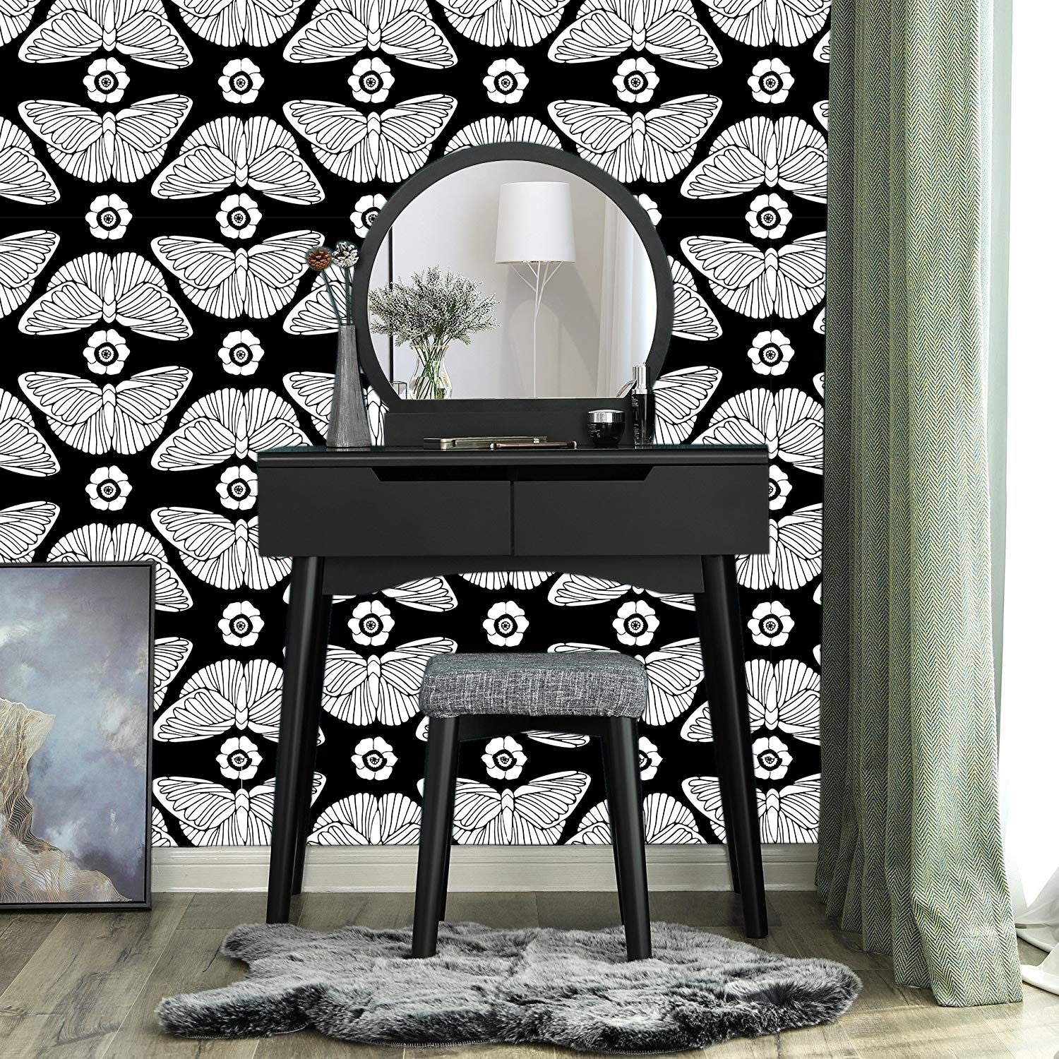 Floralplus Black and White Butterfly Bloom Removable Wallpaper