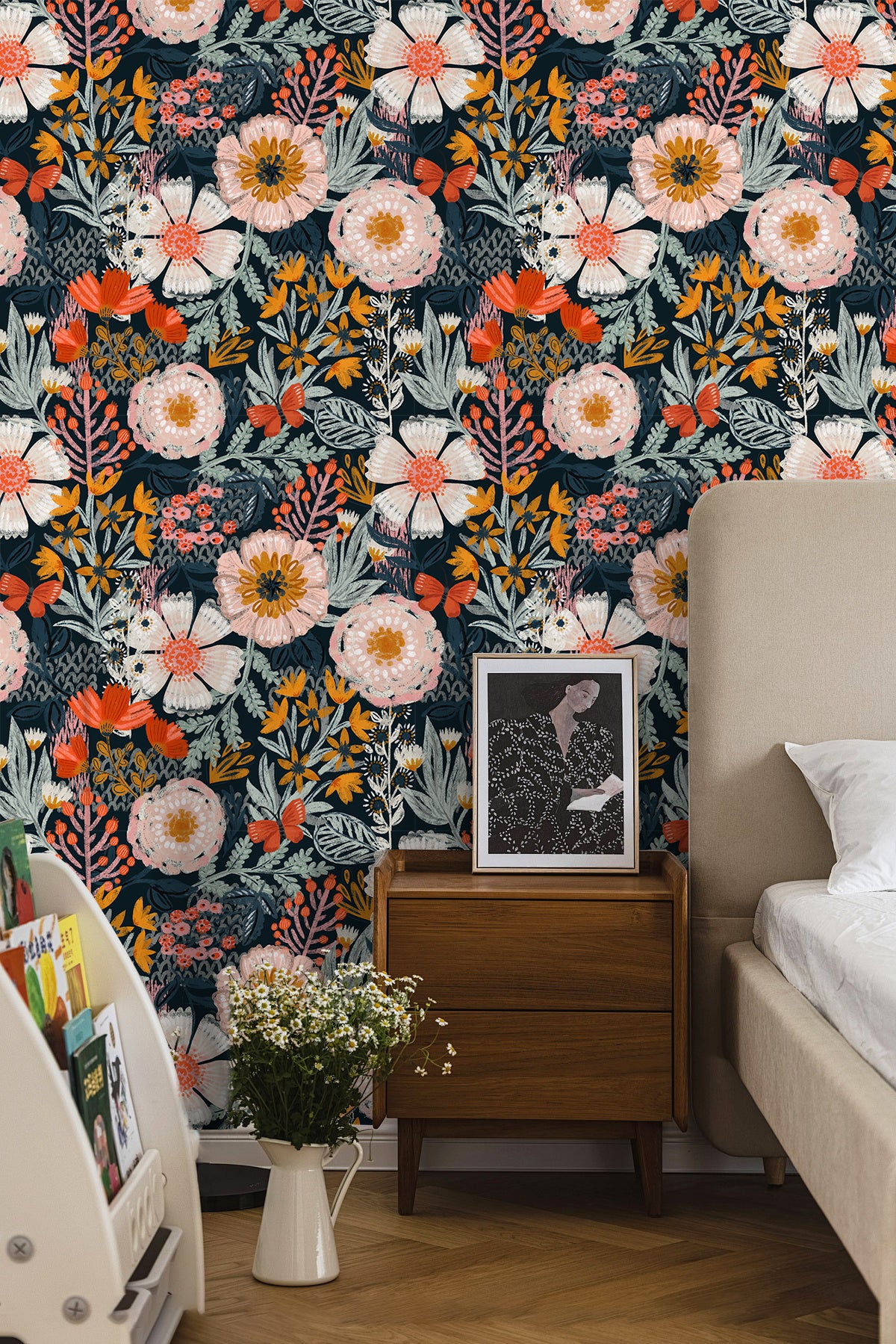 Floralplus Boho Peel and Stick Wallpaper Floral Wall Paper Removable for Bedroom Navy/Pink/Orange Contact Paper