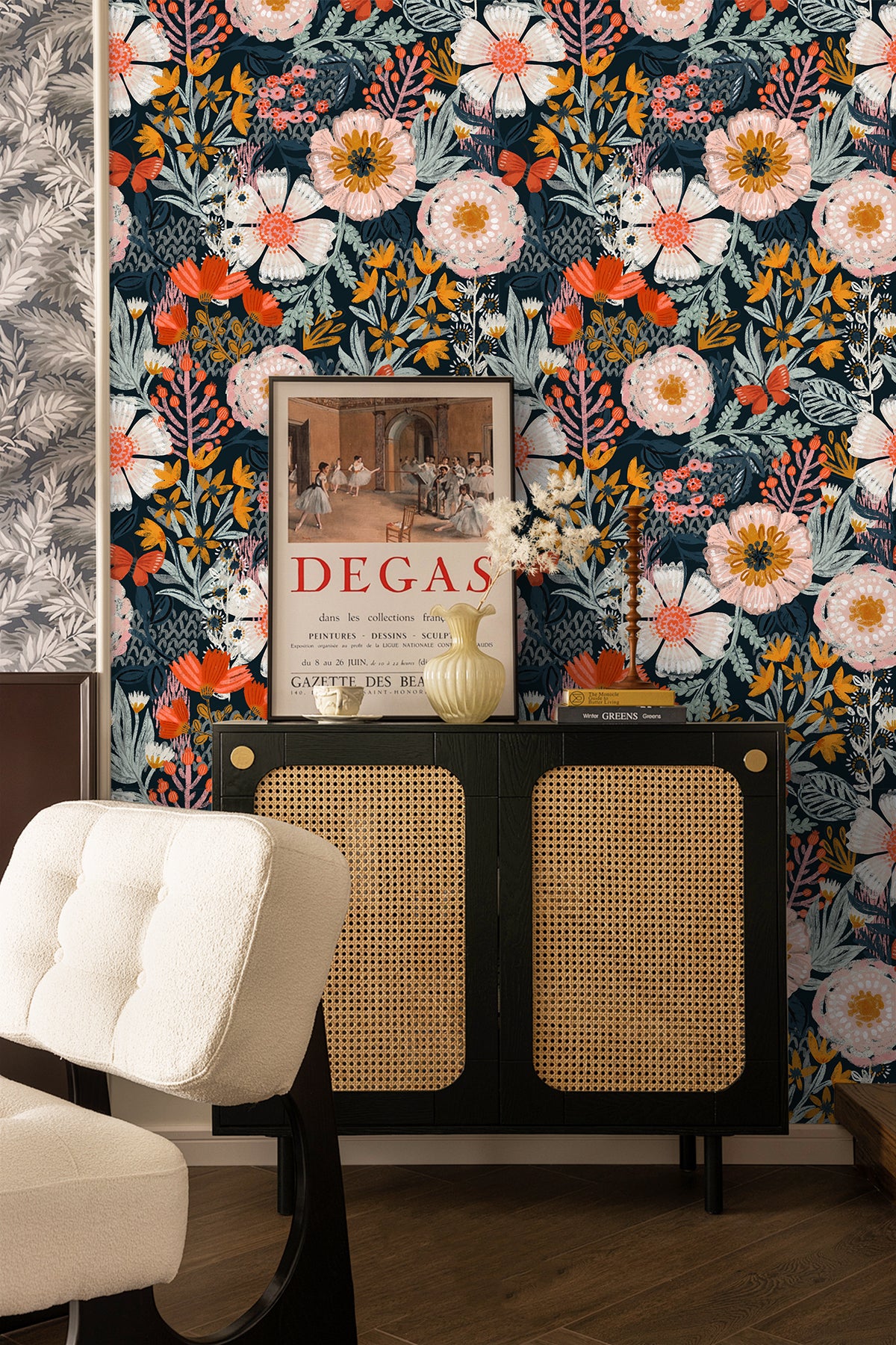 Floralplus Boho Peel and Stick Wallpaper Floral Wall Paper Removable for Bedroom Navy/Pink/Orange Contact Paper