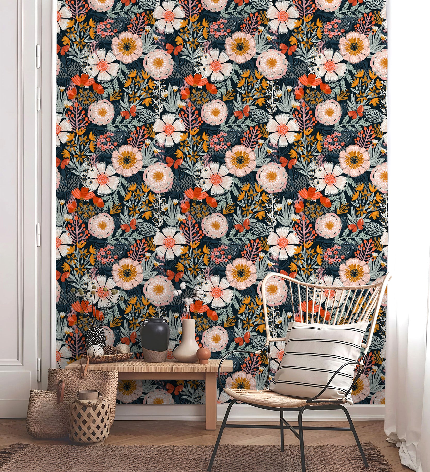Floralplus Boho Peel and Stick Wallpaper Floral Wall Paper Removable for Bedroom Navy/Pink/Orange Contact Paper