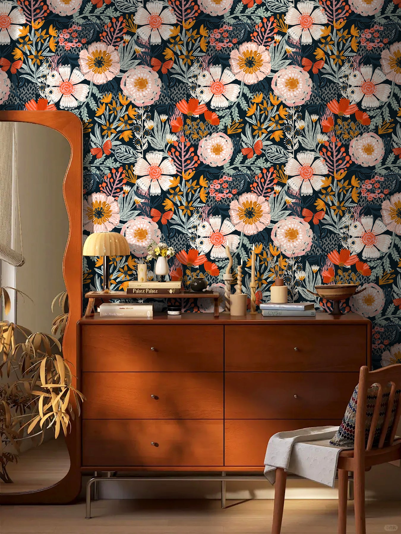 Floralplus Boho Peel and Stick Wallpaper Floral Wall Paper Removable for Bedroom Navy/Pink/Orange Contact Paper