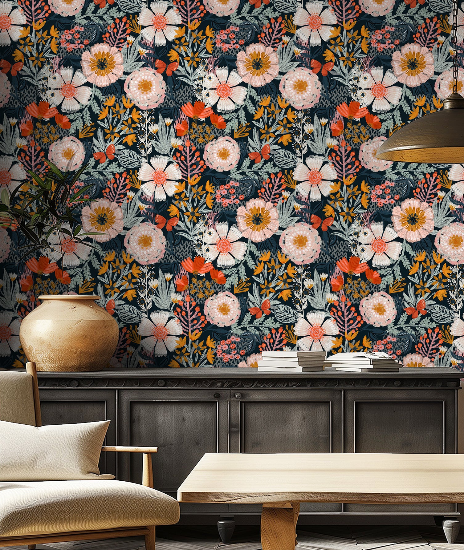 Floralplus Boho Peel and Stick Wallpaper Floral Wall Paper Removable for Bedroom Navy/Pink/Orange Contact Paper