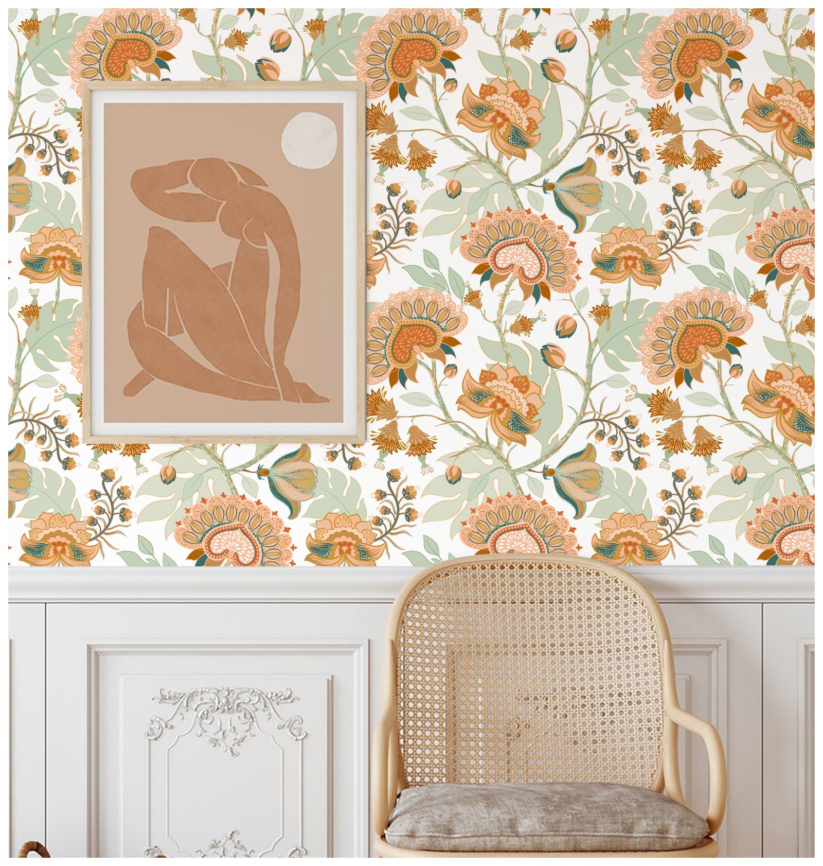 Floralplus Boho Vintage Floral Peel and Stick Wallpaper Cream Botanical Wall Mural Removable for Bedroom Living Room Accent Walls