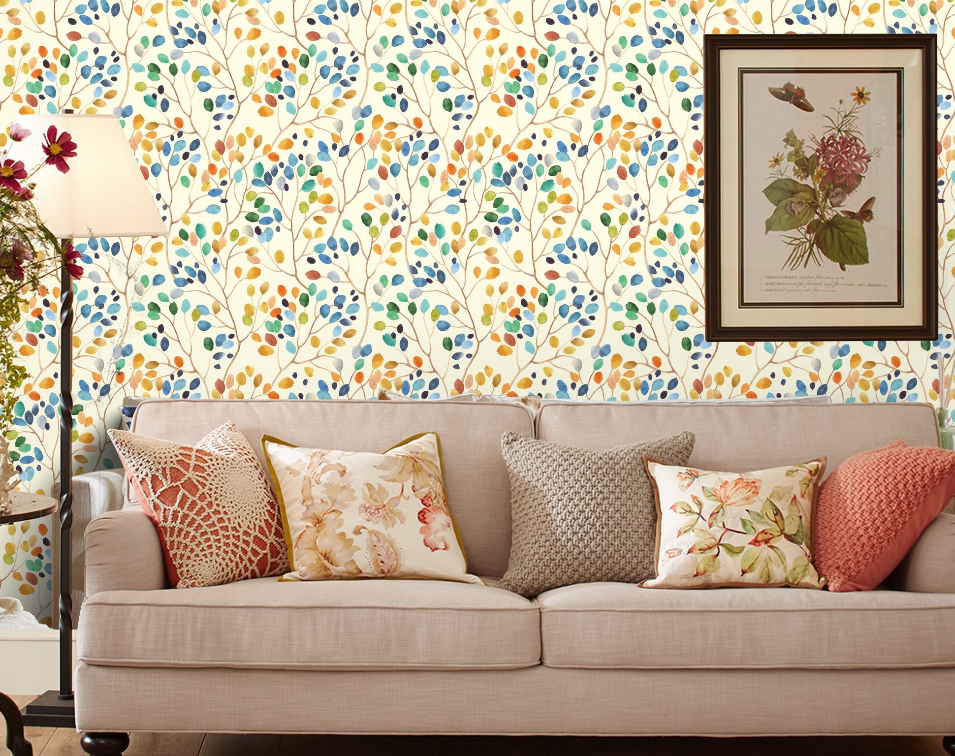 Floralplus Colorful Leaf Wallpaper Peel and Stick Watercolor Branch Botanical Wall Mural Removable Self Adhesive Wall Decor for Bedroom Living Room Bathroom