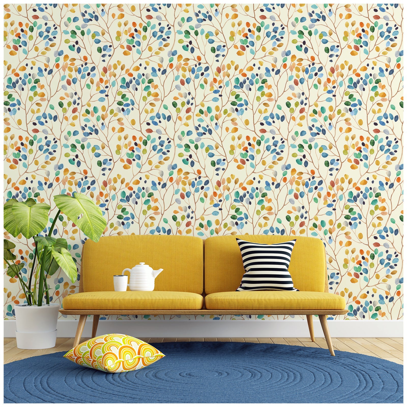 Floralplus Colorful Leaf Wallpaper Peel and Stick Watercolor Branch Botanical Wall Mural Removable Self Adhesive Wall Decor for Bedroom Living Room Bathroom