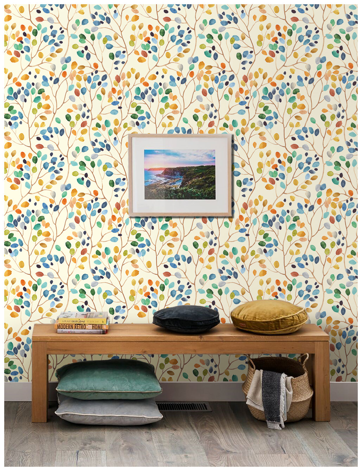 Floralplus Colorful Leaf Wallpaper Peel and Stick Watercolor Branch Botanical Wall Mural Removable Self Adhesive Wall Decor for Bedroom Living Room Bathroom