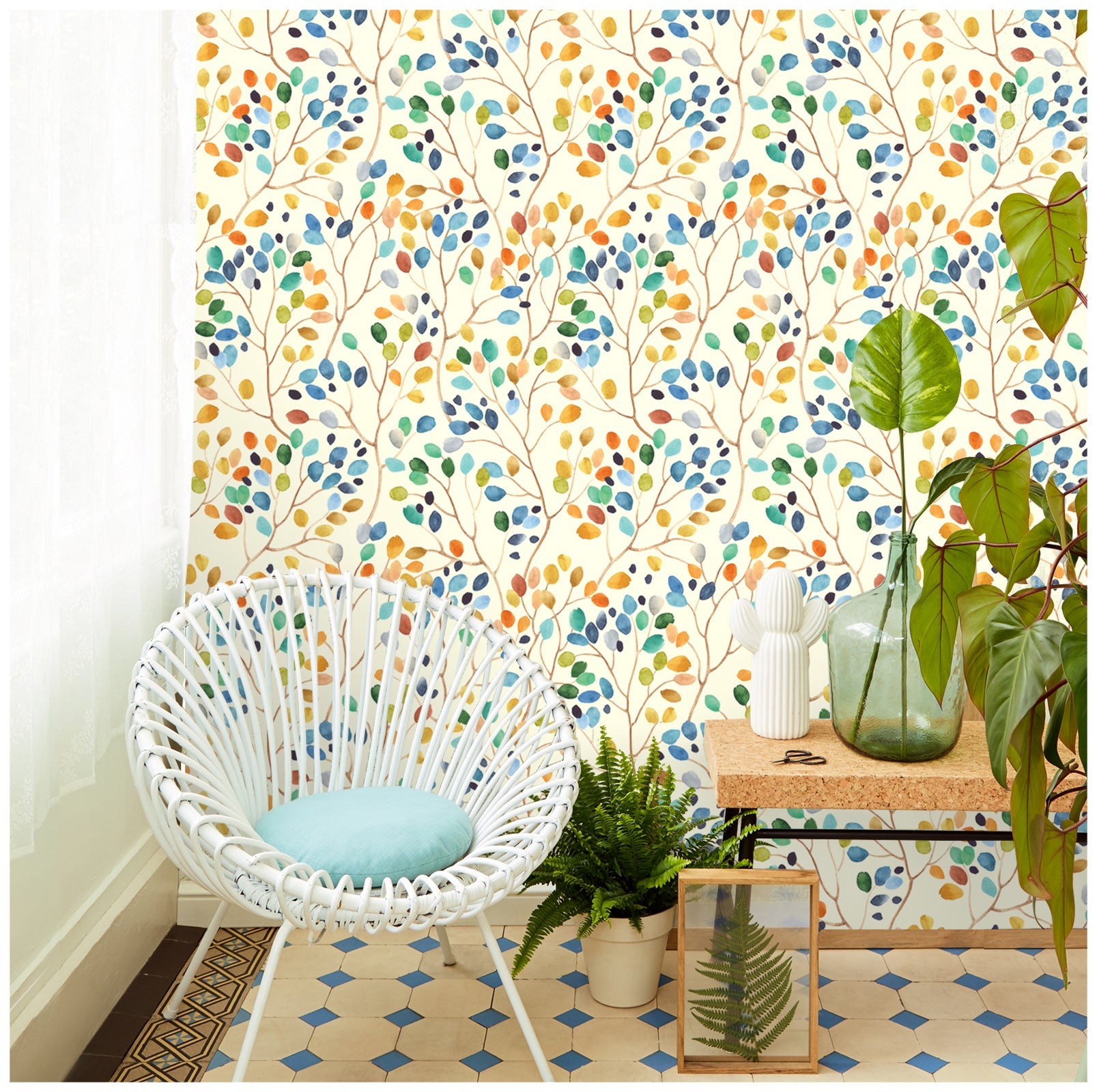 Floralplus Colorful Leaf Wallpaper Peel and Stick Watercolor Branch Botanical Wall Mural Removable Self Adhesive Wall Decor for Bedroom Living Room Bathroom