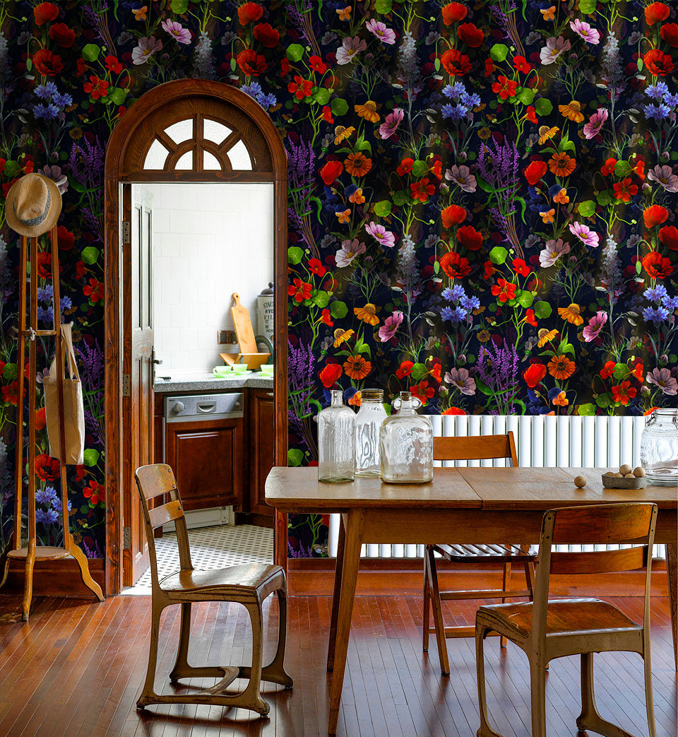 Floralplus Dark Botanical Wallpaper Peel and Stick Vibrant Wildflower Mural Navy Floral Wall Decor Removable for Bedroom Living Room Accent Wall