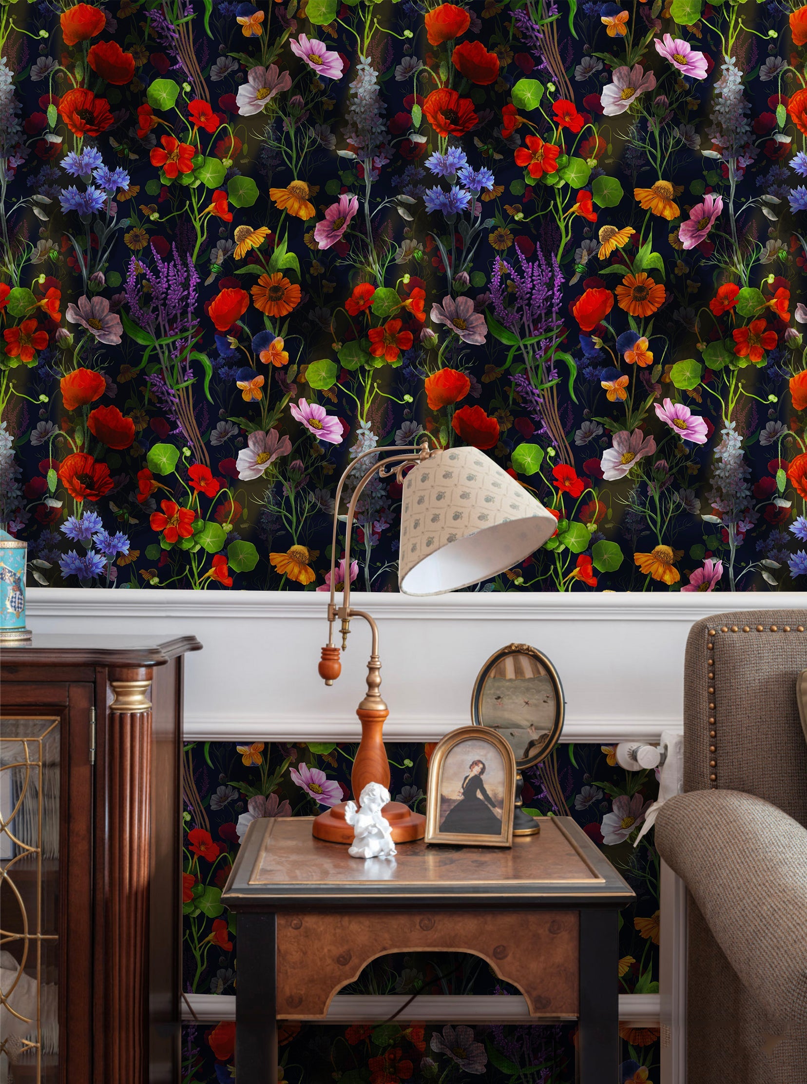 Floralplus Dark Botanical Wallpaper Peel and Stick Vibrant Wildflower Mural Navy Floral Wall Decor Removable for Bedroom Living Room Accent Wall