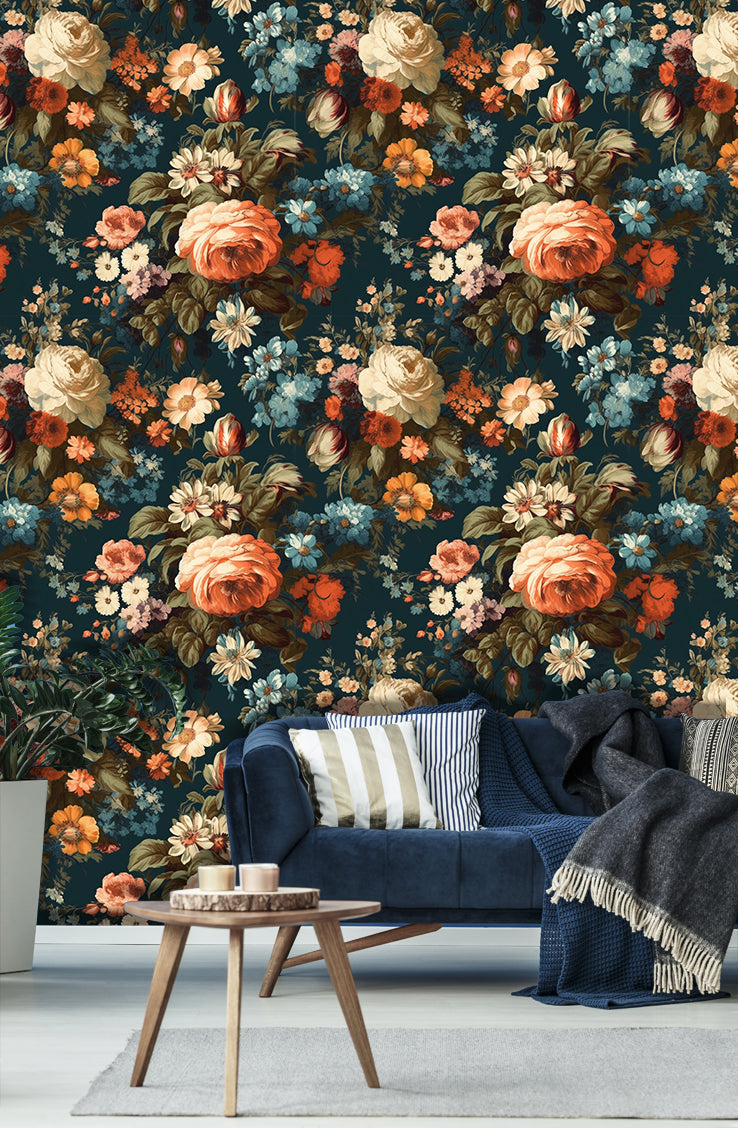 Floralplus Dark Teal Vintage Floral Peel and Stick Wallpaper Removable Self Adhesive Renter Friendly Wall Mural for Bedroom Living Room Bathroom Accent Wall