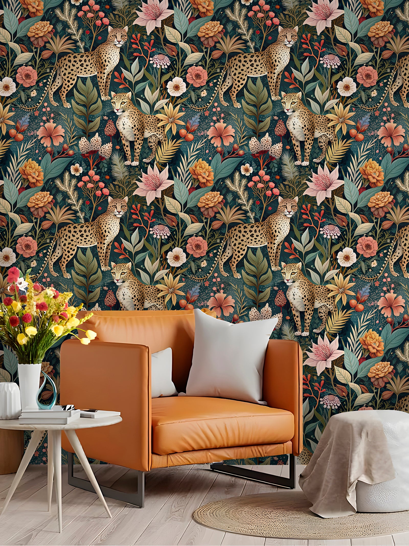 Floralplus Forest Peel and Stick Wallpaper Floral Jungle Leopard Animal Forest Removable Stick on Contact Paper for Home Decor Green/Brown/Pink