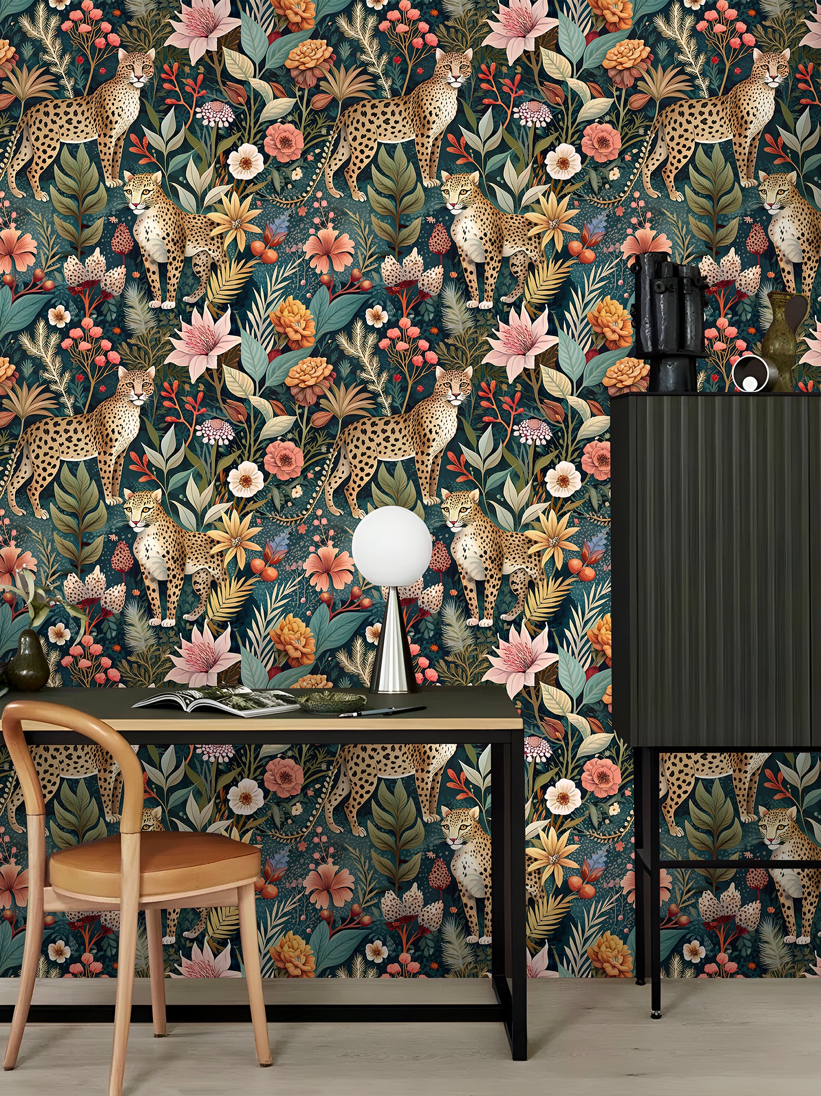 Floralplus Forest Peel and Stick Wallpaper Floral Jungle Leopard Animal Forest Removable Stick on Contact Paper for Home Decor Green/Brown/Pink